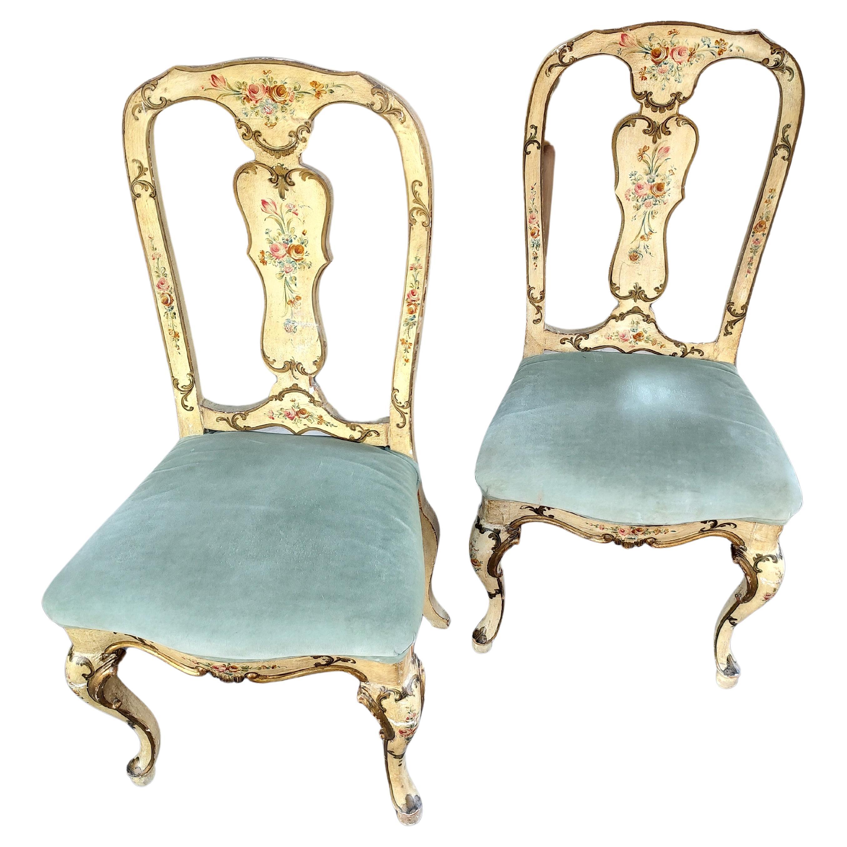 Fabulous pair of hand crafted and hand painted c1940 Venetian side chairs. Upholstered seats along with the aged painting gives a very warm look. Comfy also. Splat backs and cabriolet legs give them Great style.  Great for an entryway. In excellent