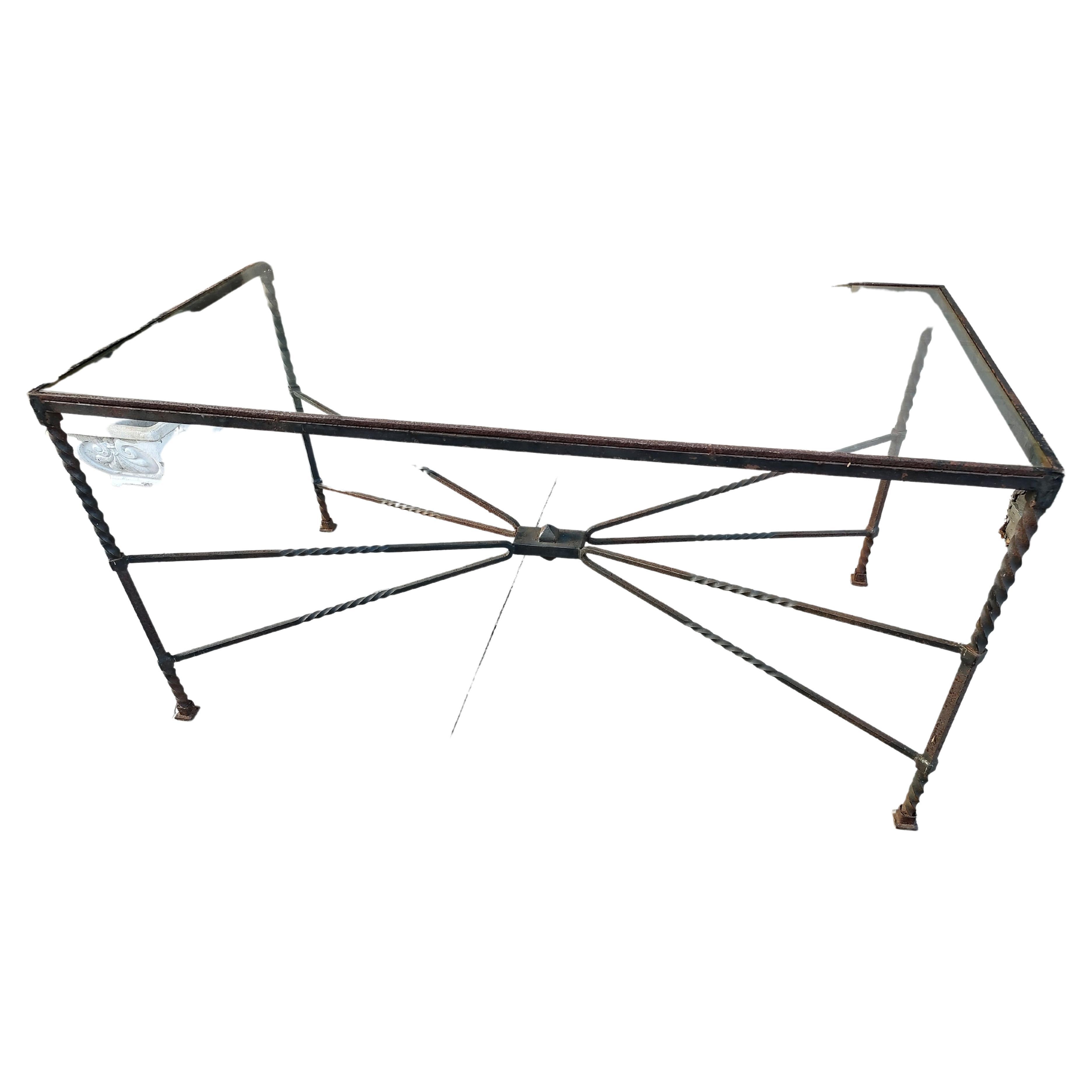 American Mid-Century Modern Sculptural Hand Wrought Iron Table with Glass Top For Sale