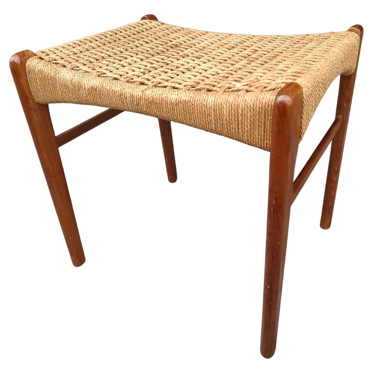 Mid-Century Modern Danish Footstool with Woven Paper Cord Seat, 1960