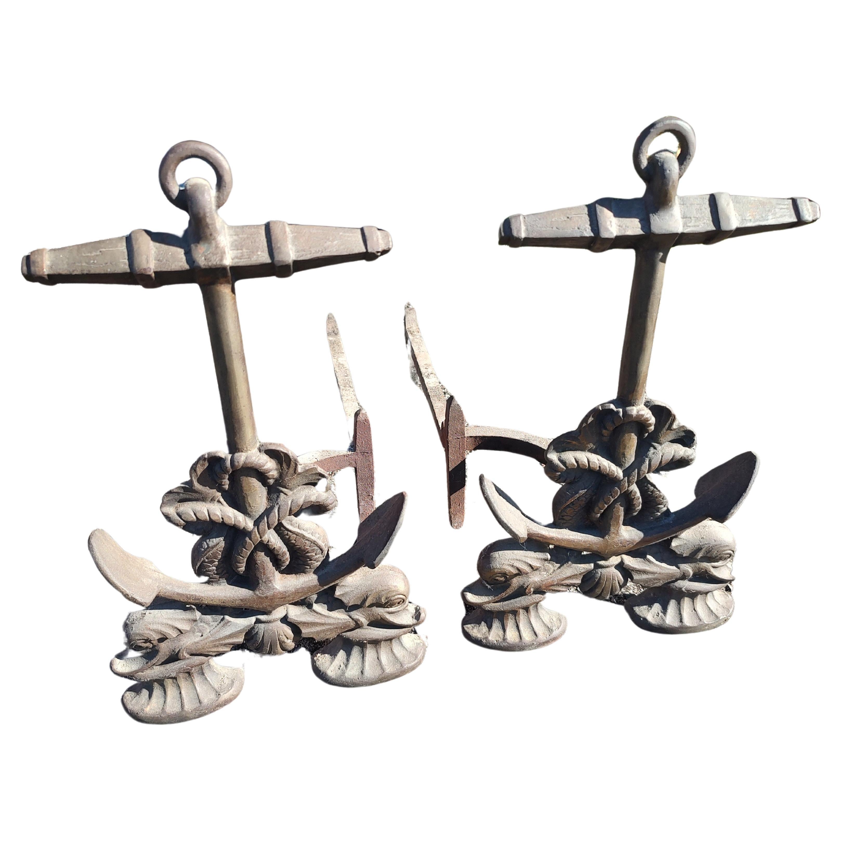 Mid Century Brass Nautical Style Anchor Andirons with Dolphins For Sale