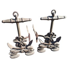 Vintage Mid Century Brass Nautical Style Anchor Andirons with Dolphins