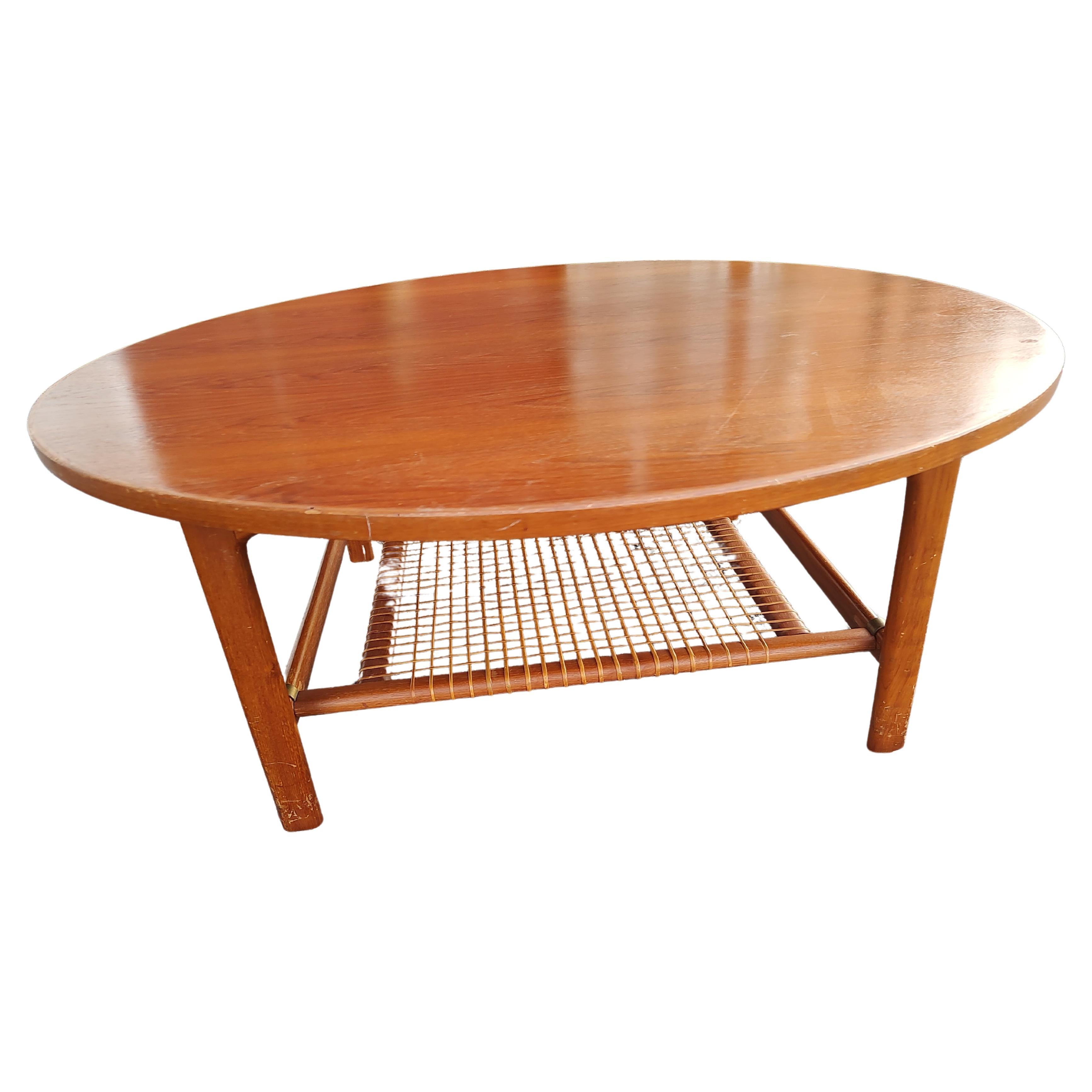 Mid-Century Modern Teak with Woven Shelf Cocktail Table by Dux Sweden - Restored For Sale