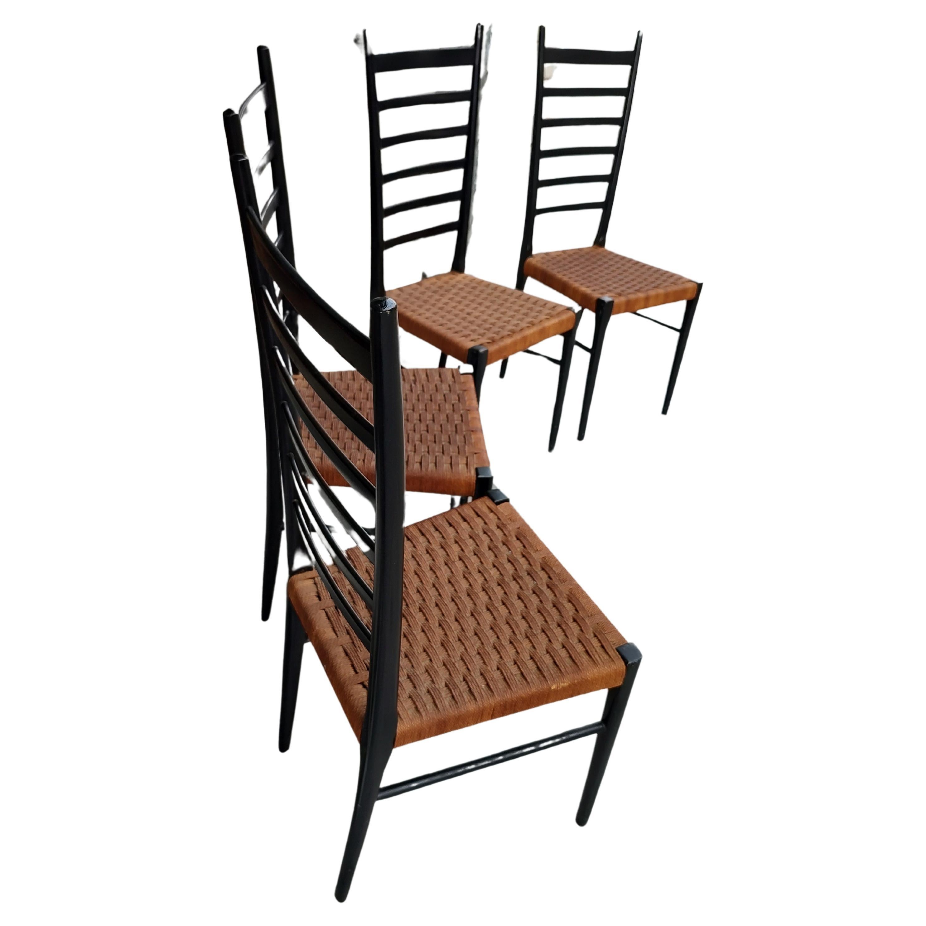 Rope Mid-Century Modern  Ebonized Dining Chairs 6 total 2 Natural Style of Gio Ponti For Sale
