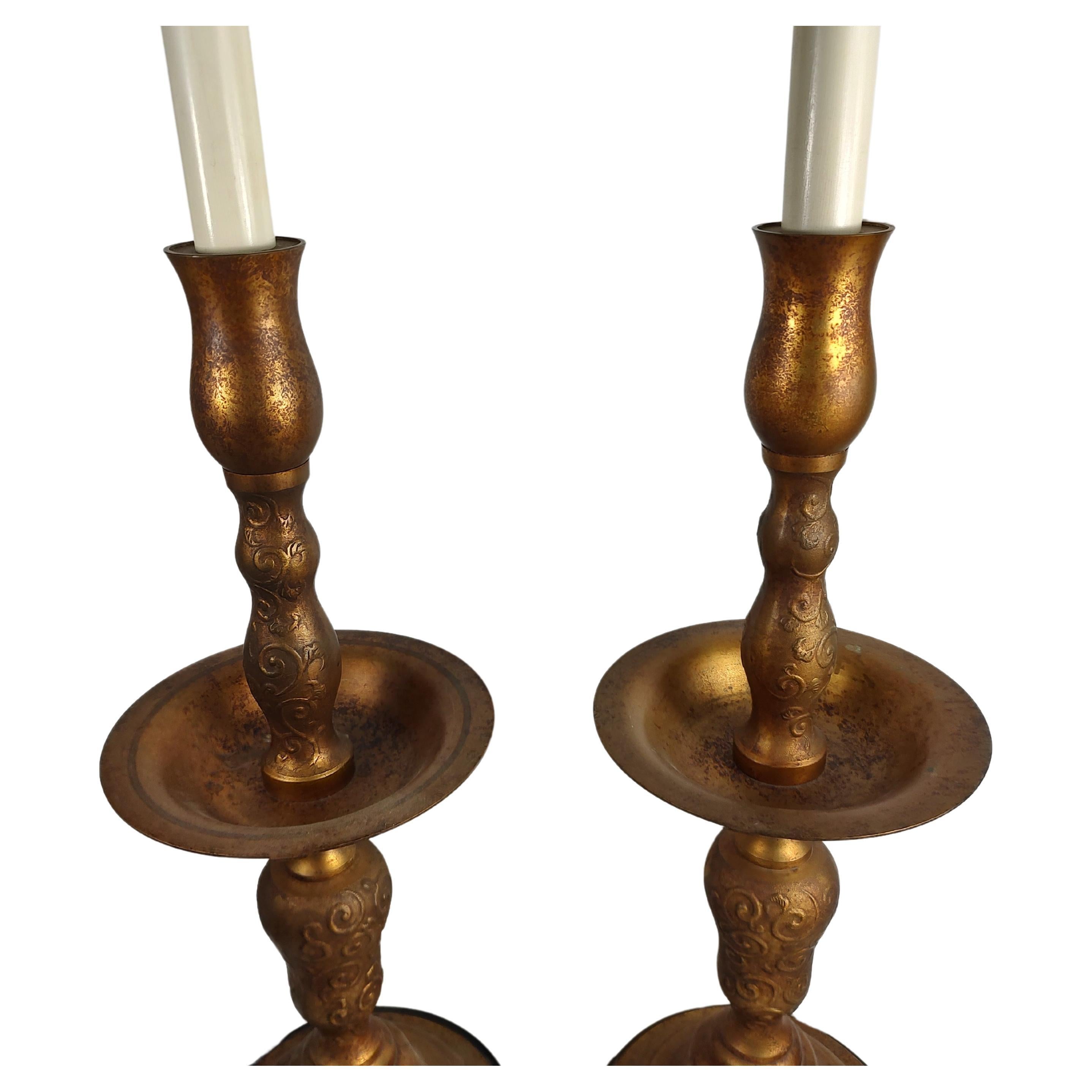 Mid Century Hollywood Regency Gilt Metal Pricket Style Table Lamps  For Sale 3