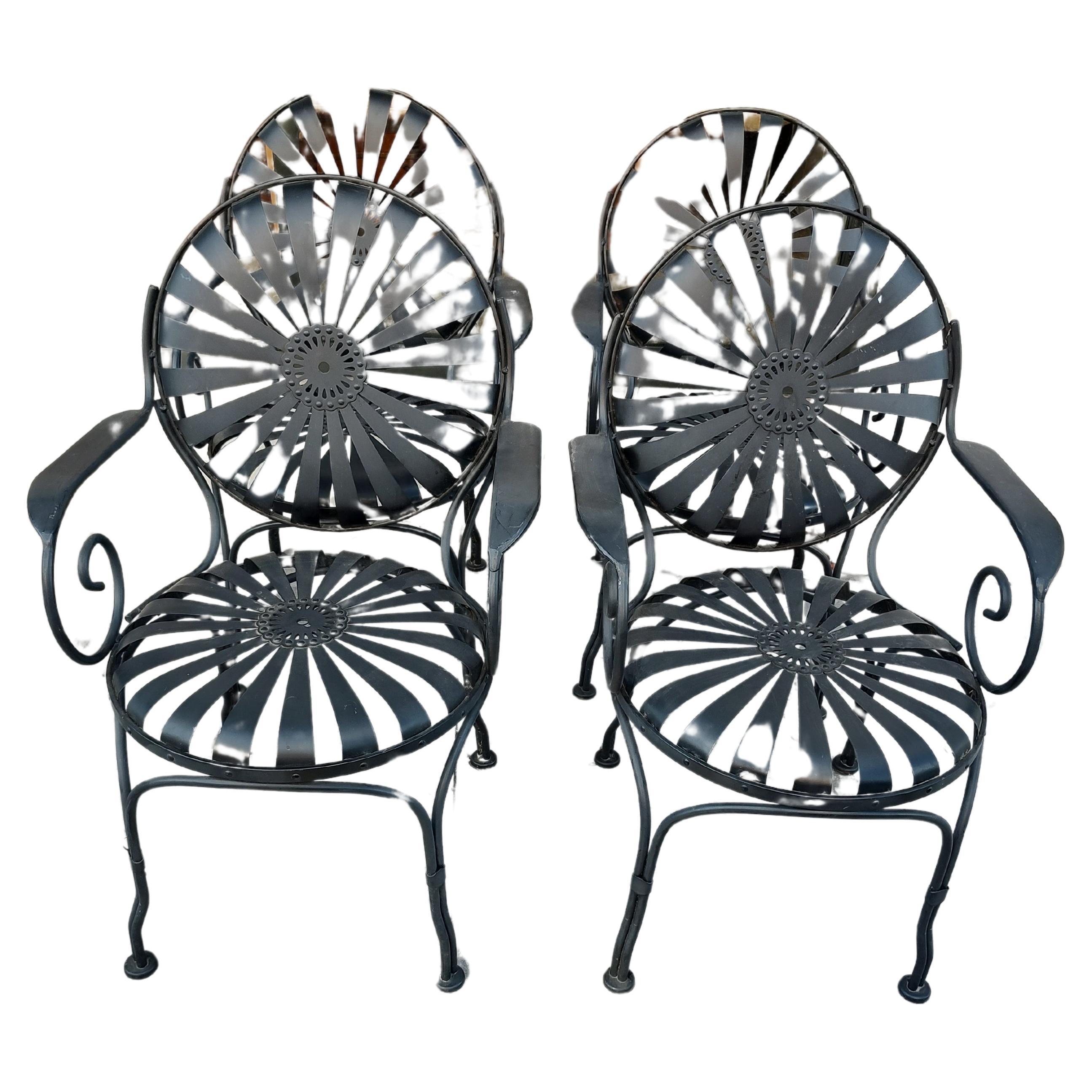 French Set of 4 Iron Spring Seat Sunburst Sunflower Chairs, C1960