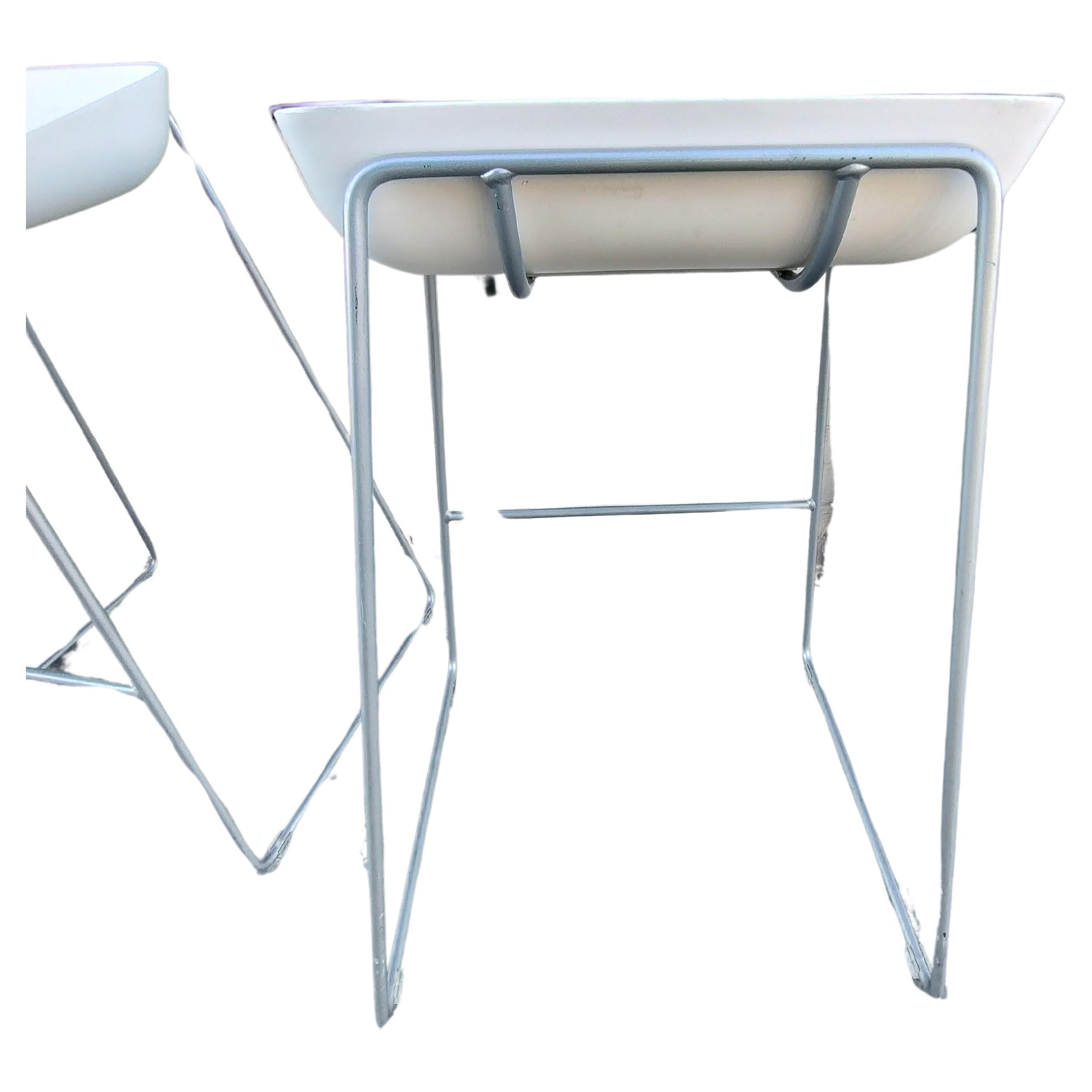Great set of 3 Steelcase scoop bar stools with steel frames and molded plastic, hard plastic with a cushioned seat. Sold and priced as a set of 3. In excellent vintage condition with minimal wear, see pics.