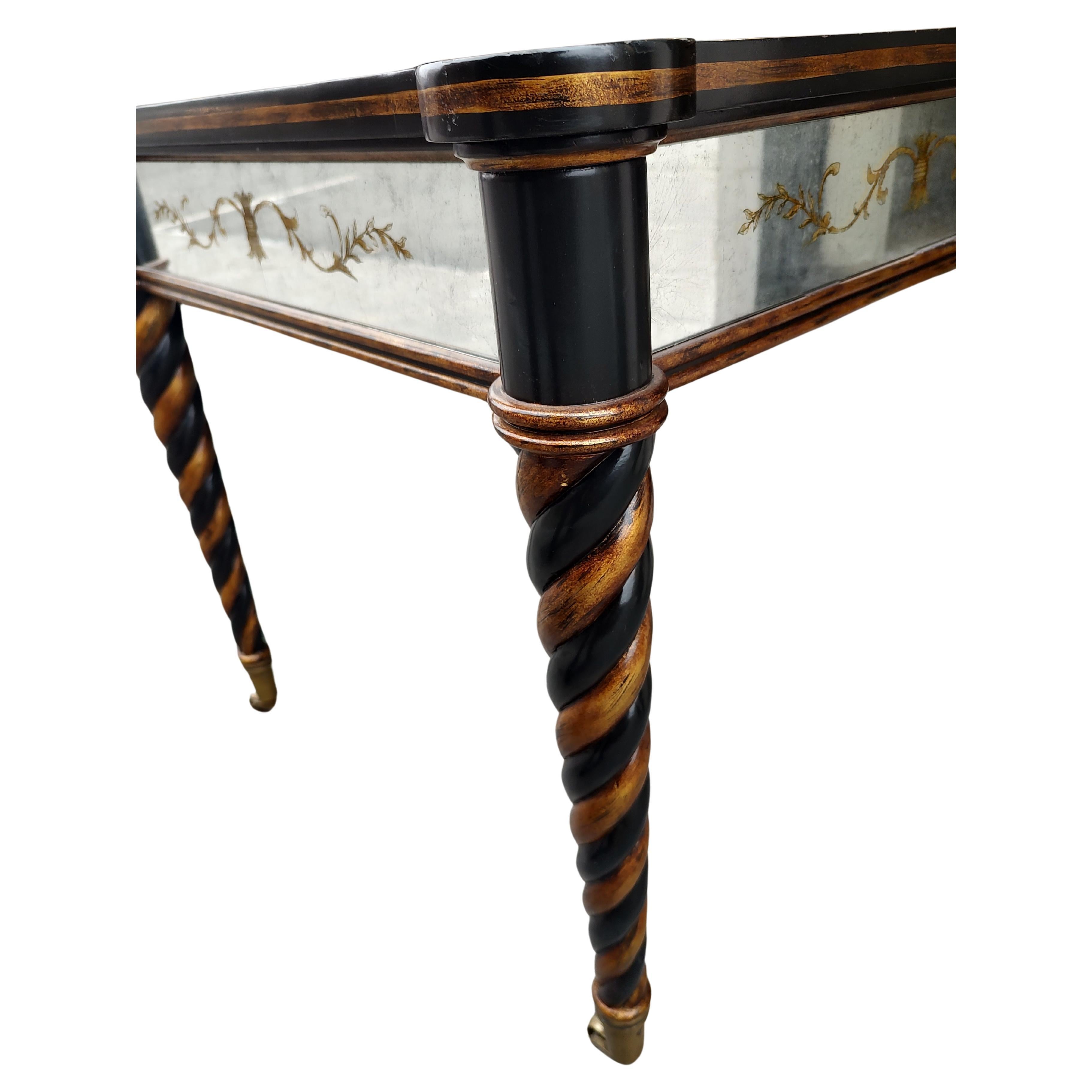 Carved Pair of Ebonized Eglomise Mirrored Tables w Spiral Twist Legs & Partial Gilt  For Sale