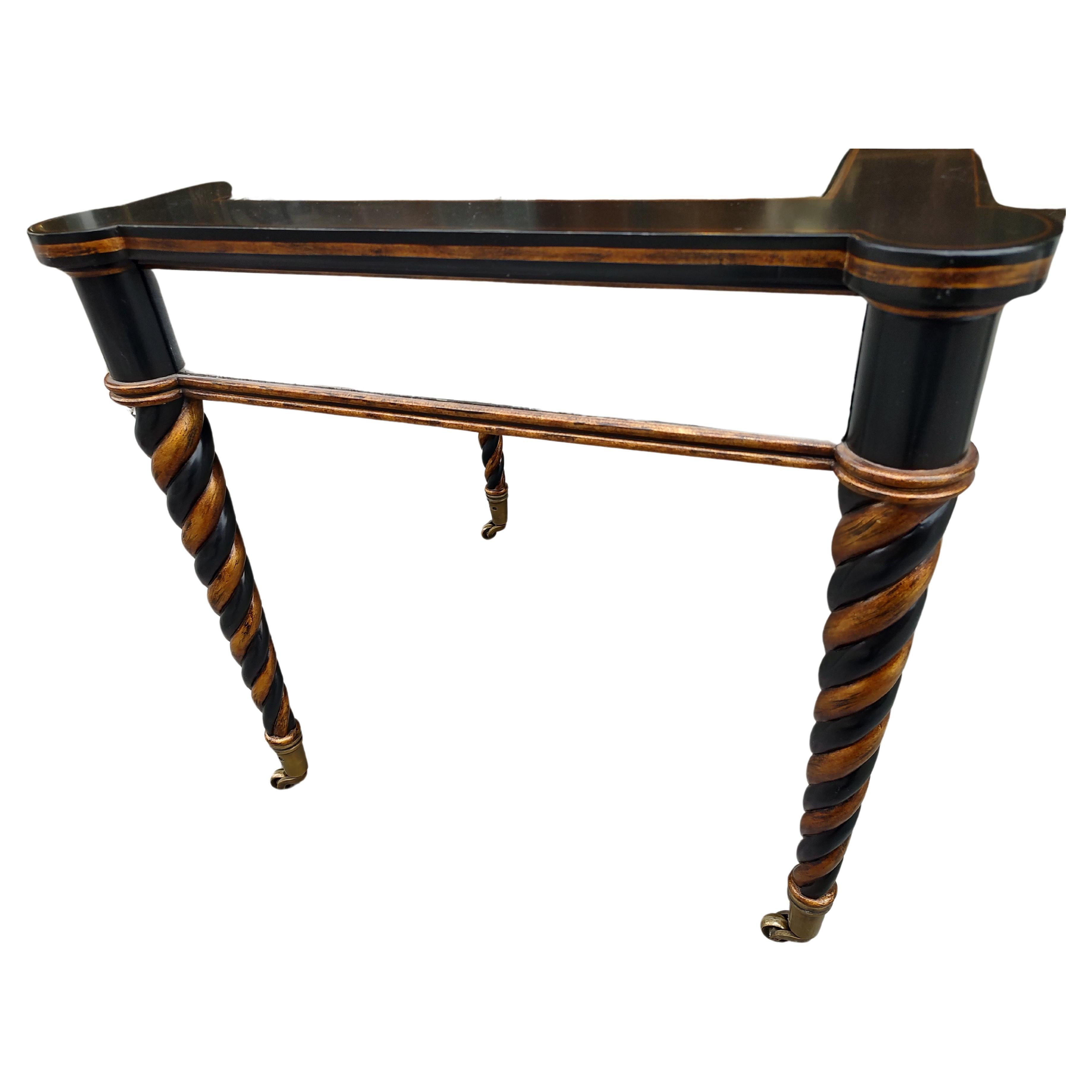Italian Pair of Ebonized Eglomise Mirrored Tables w Spiral Twist Legs & Partial Gilt For Sale