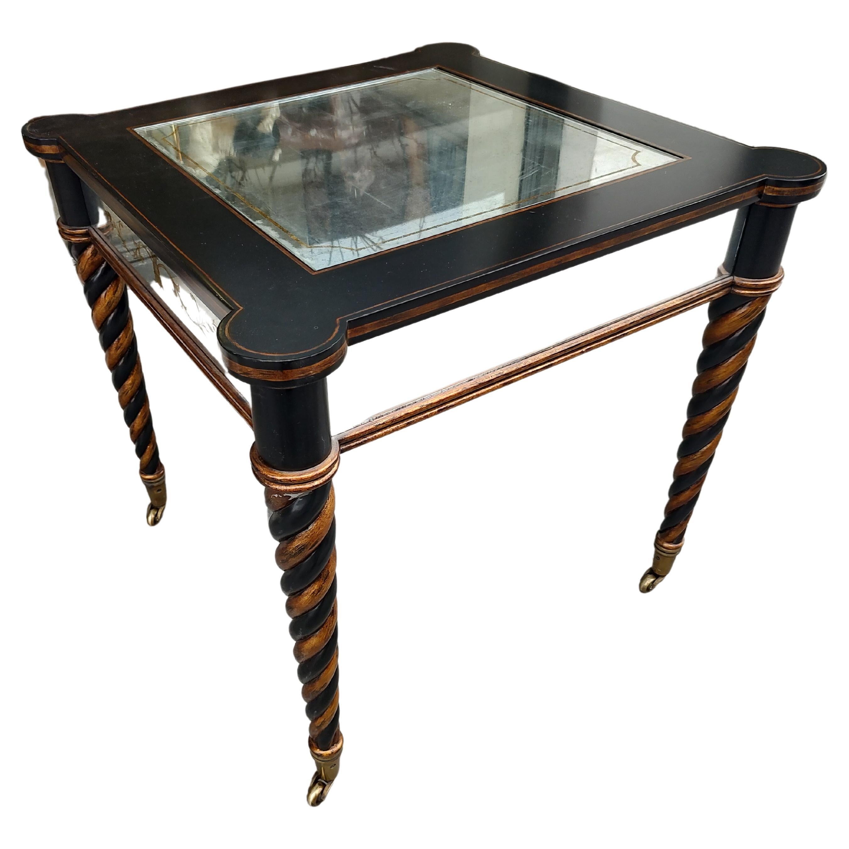 Pair of Ebonized Eglomise Mirrored Tables w Spiral Twist Legs & Partial Gilt  For Sale