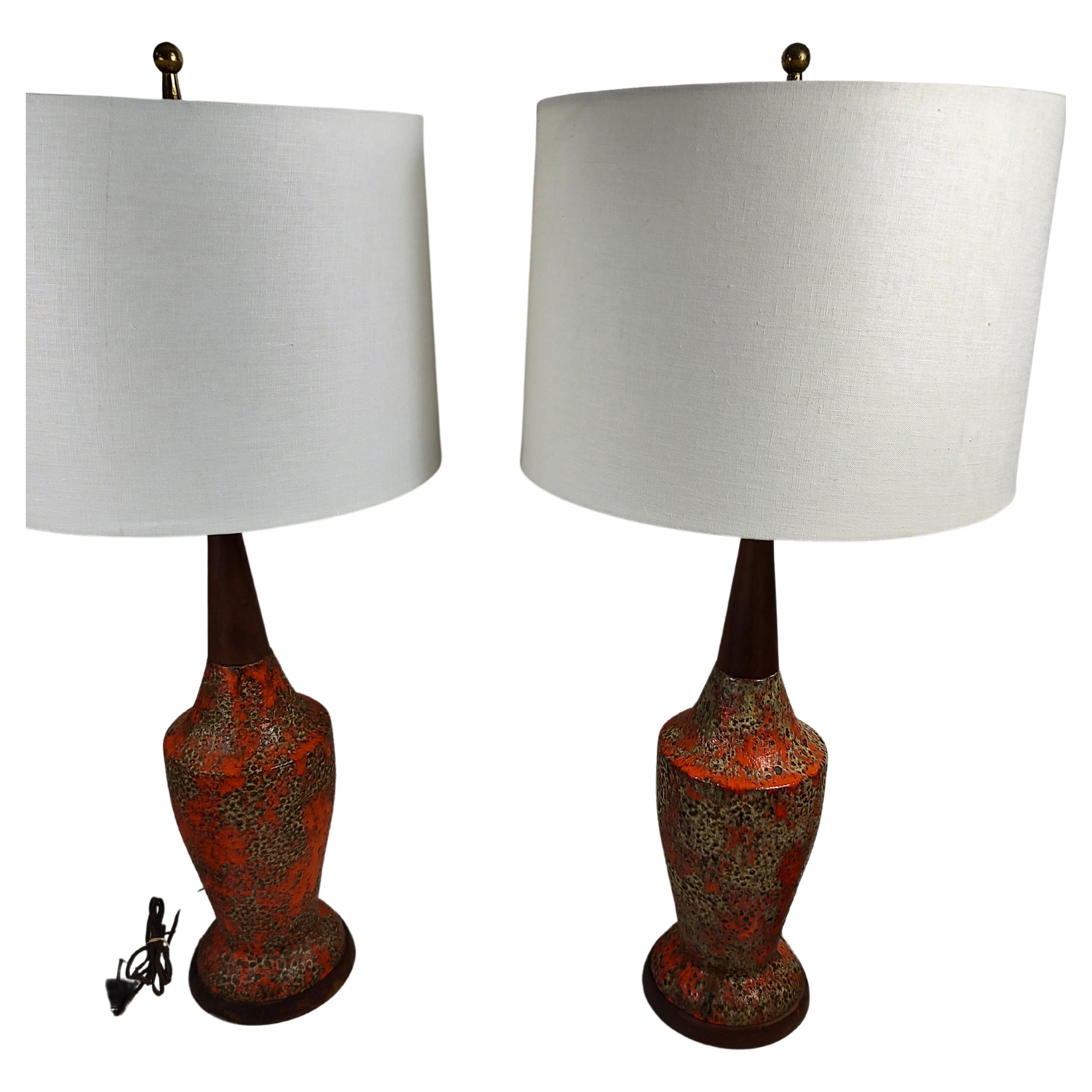 Pair of Mid-Century Modern Sculptural Walnut & Volcanic Lava Pottery Table Lamps For Sale