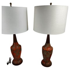 Retro Pair of Mid-Century Modern Sculptural Walnut & Volcanic Lava Pottery Table Lamps