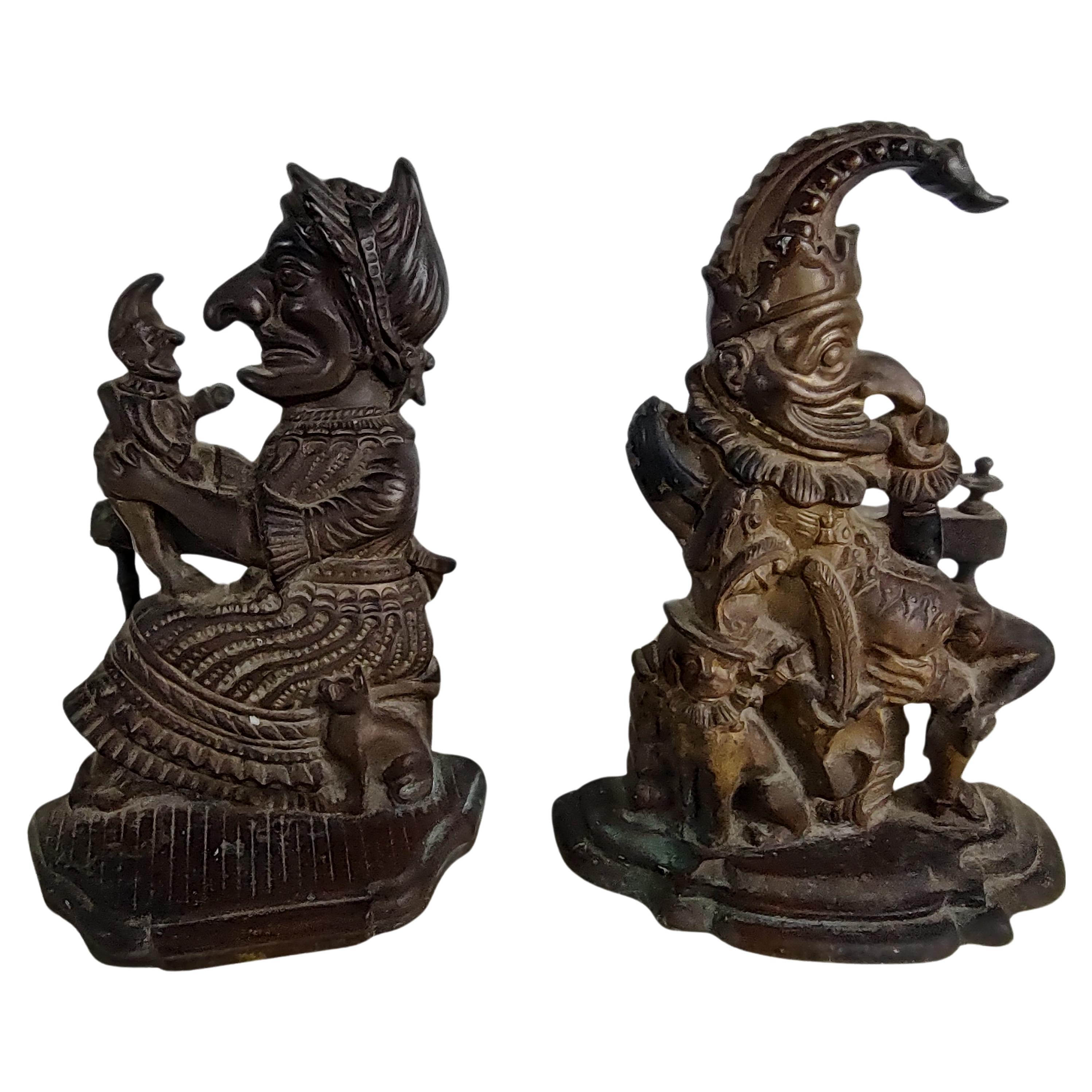 Late 19th C. Antique Pair of Solid Bronze Punch & Judy Andirons England For Sale