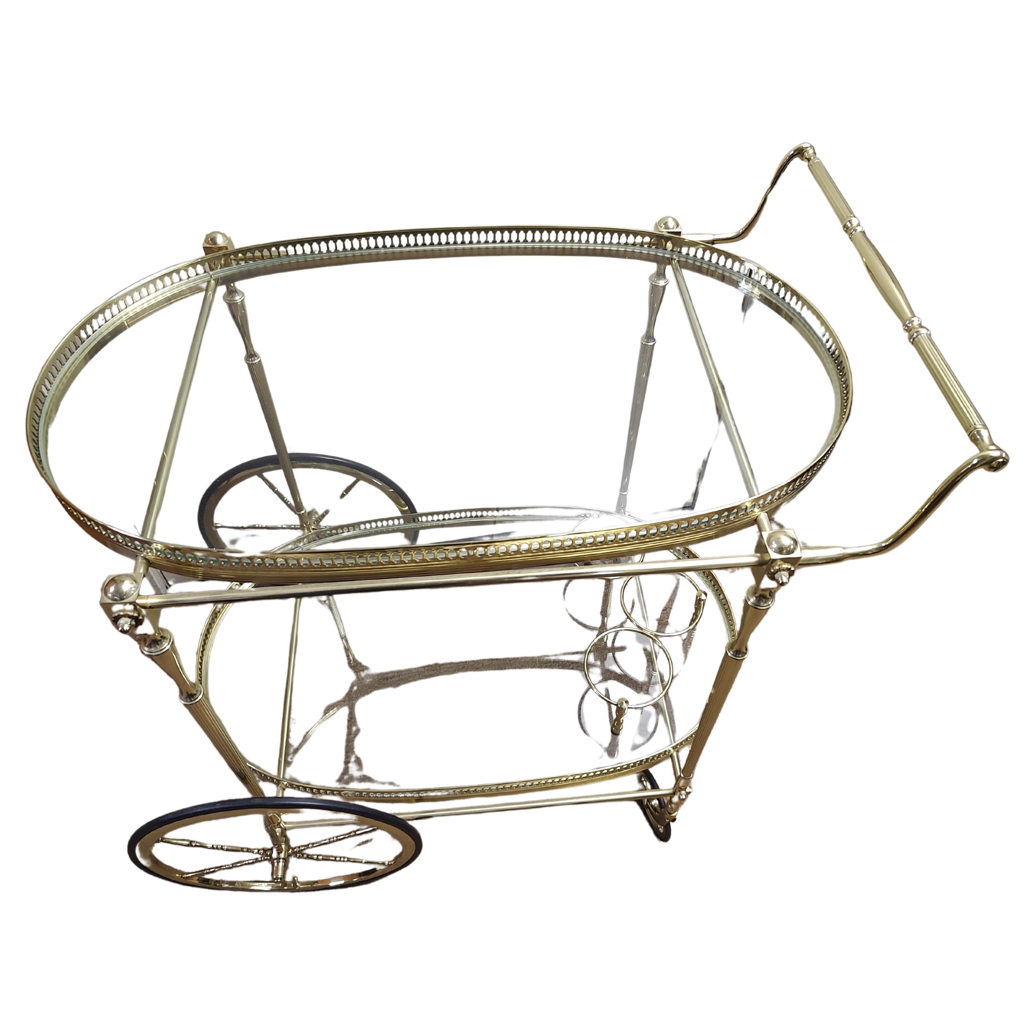 Art Deco Mid Century Brass Neoclassical Bar Cart with Oval Glass Shelves For Sale