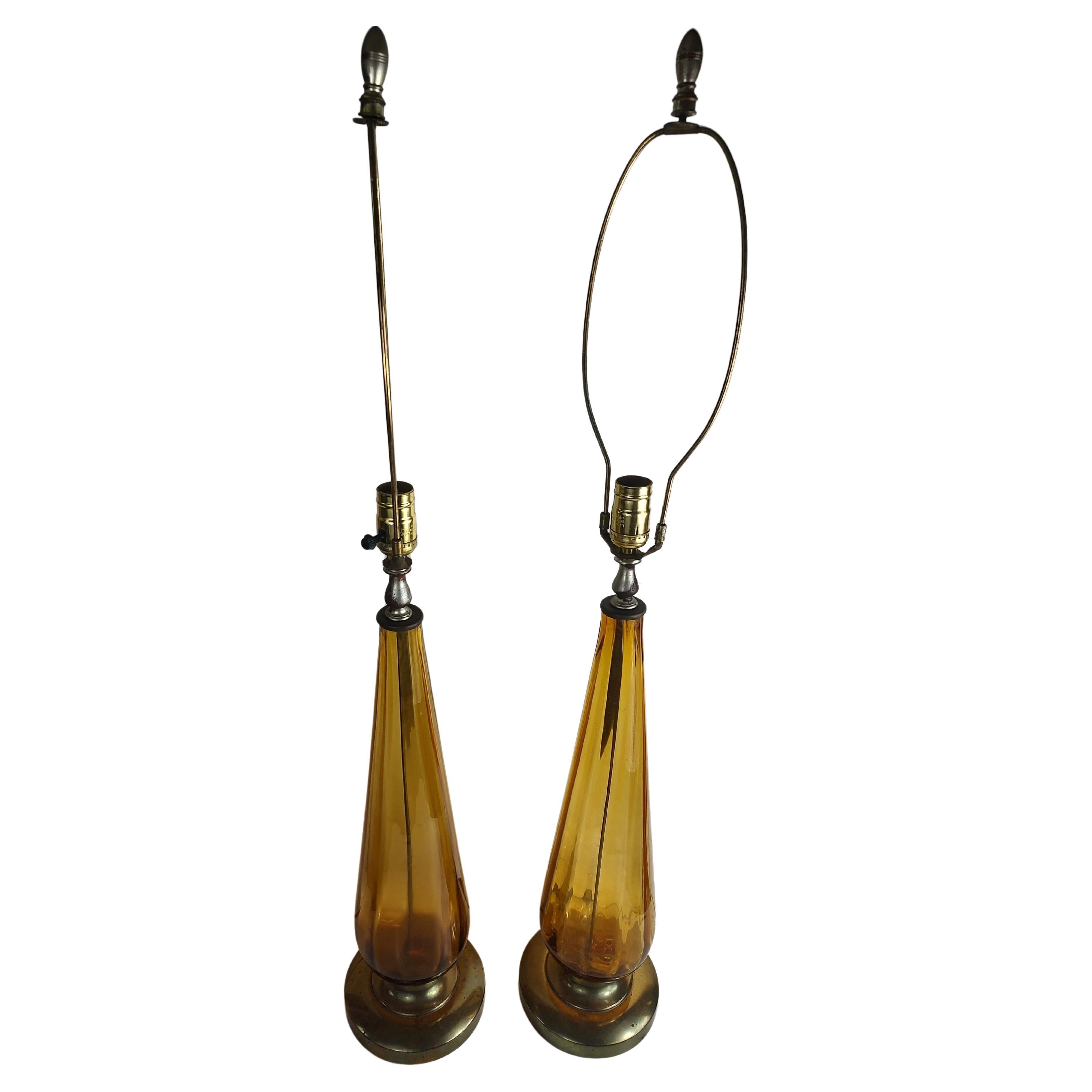 Pair of Mid-Century Modern Italian Ribbed & Tapered Amber Glass Table Lamps For Sale