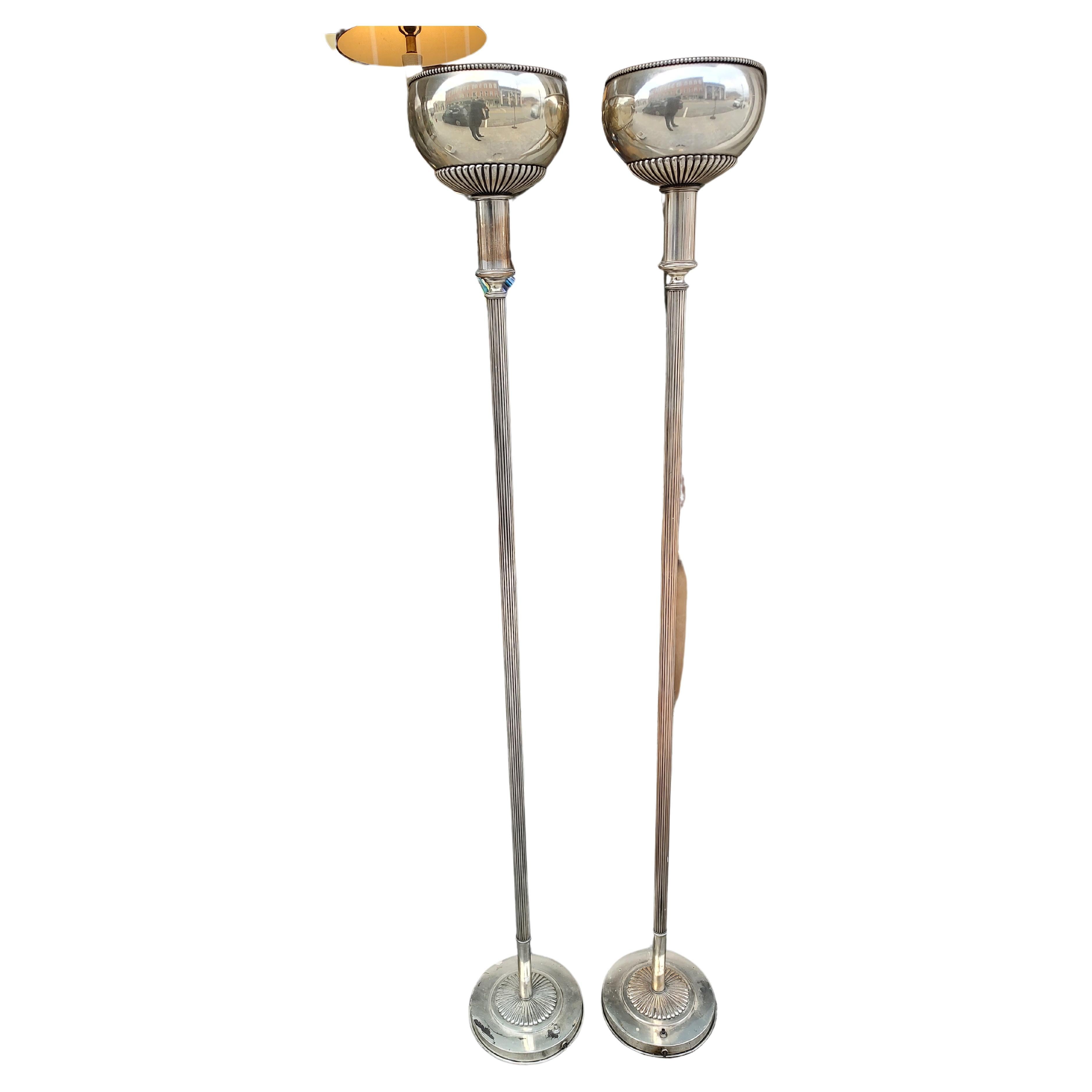 Mid-Century Pair of Art Deco Torchiere Lamps in Nickel For Sale