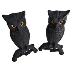 Vintage Arts & Crafts Cast Iron Owl Andirons with Glass Eyes