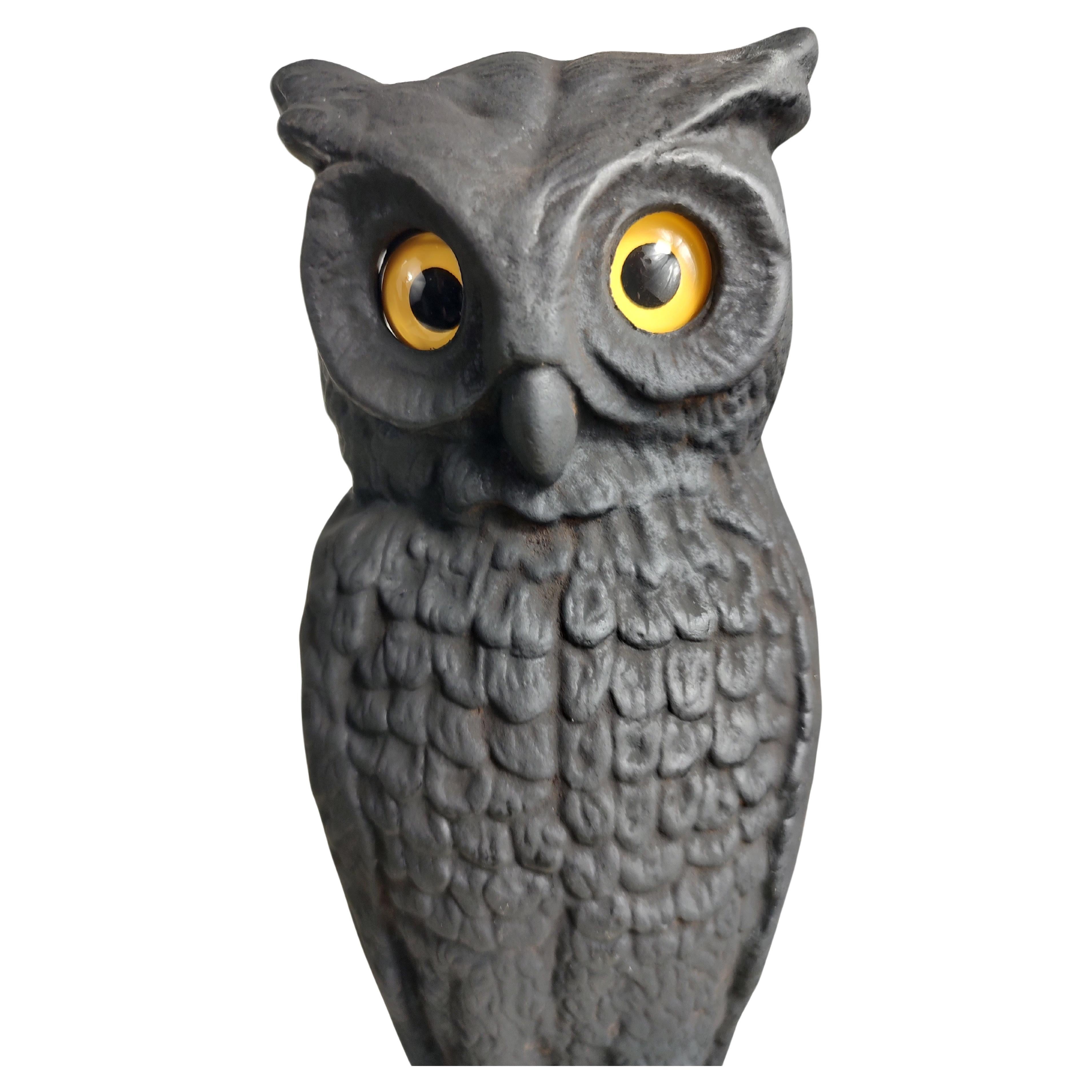 Arts and Crafts Arts & Crafts Cast Iron Owl Andirons with Glass Eyes For Sale