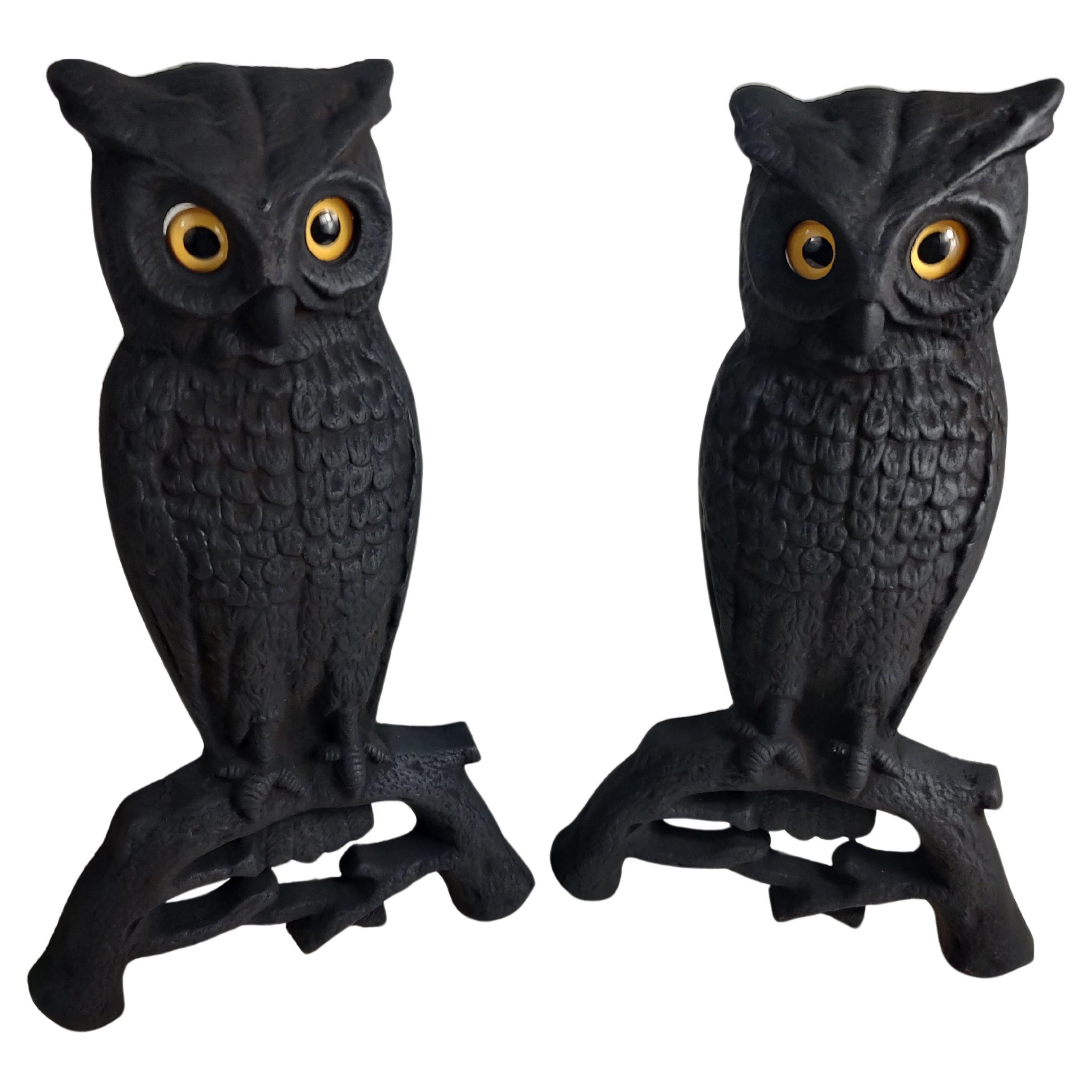 Arts & Crafts Cast Iron Owl Andirons with Glass Eyes