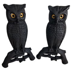 Antique Arts & Crafts Cast Iron Owl Andirons with Glass Eyes