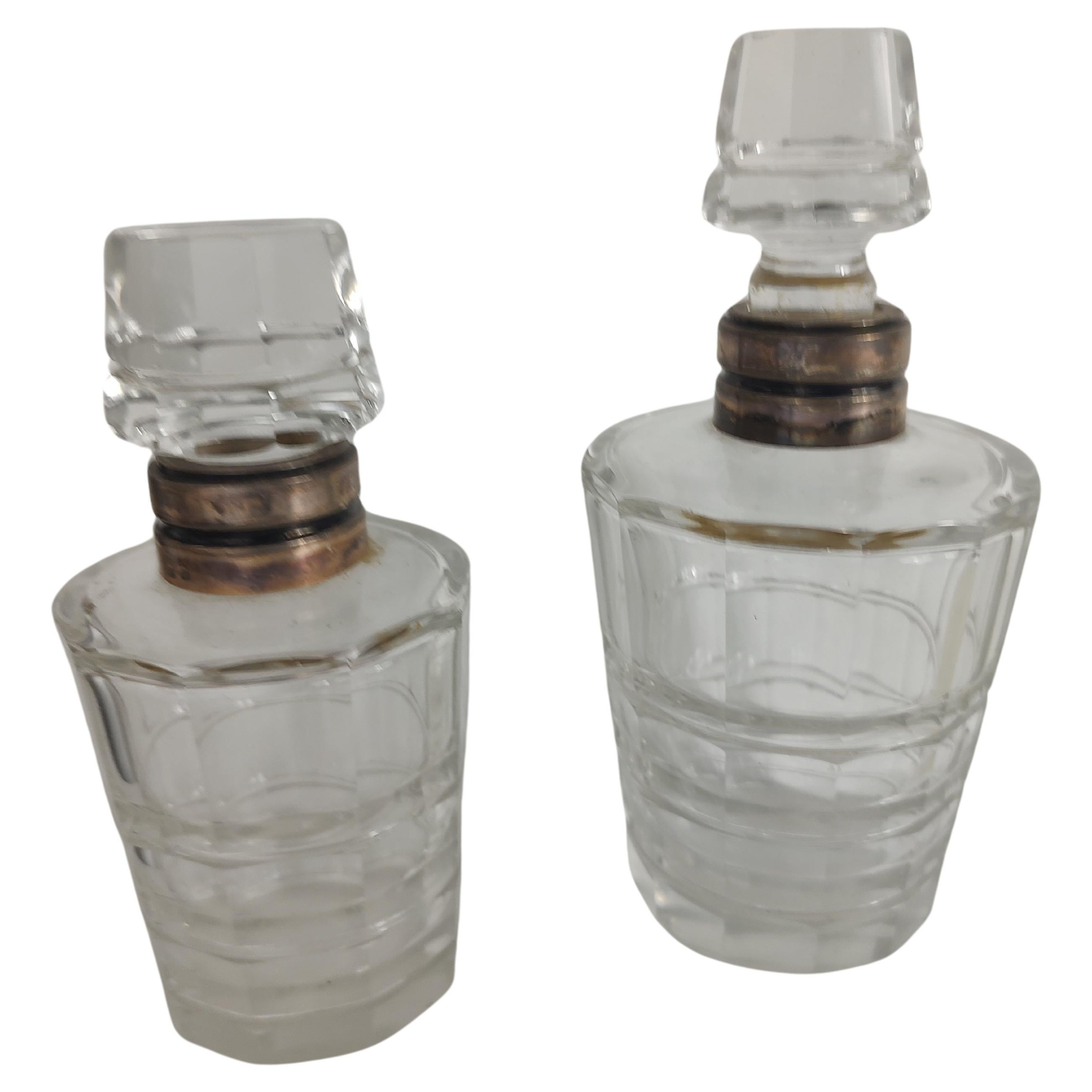 Set of Two Cut Glass Dresser Cologne Bottles with Sterling  For Sale