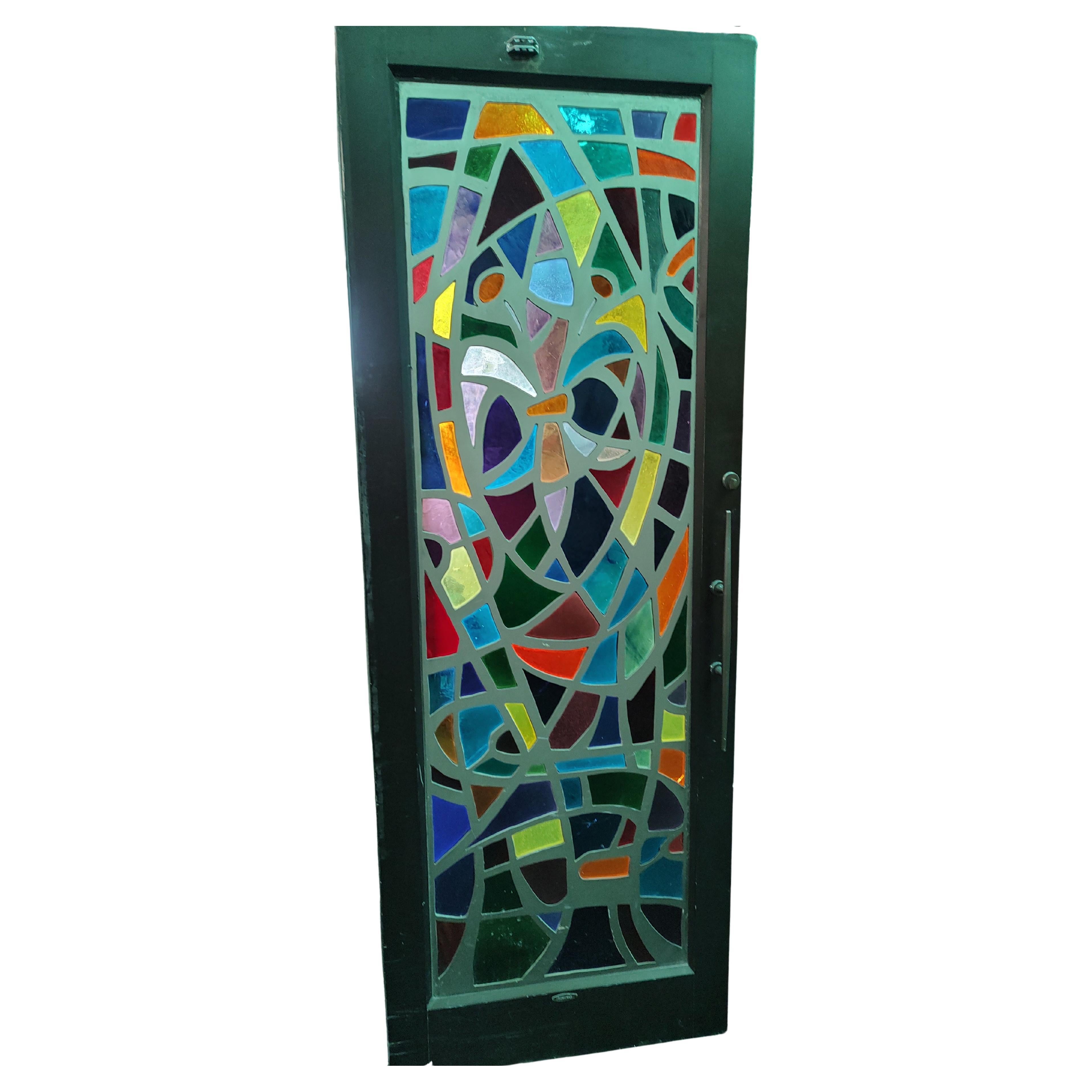 3 Mid Century Modern Architectural Abstract Stained Glass Paneled Doors C1965