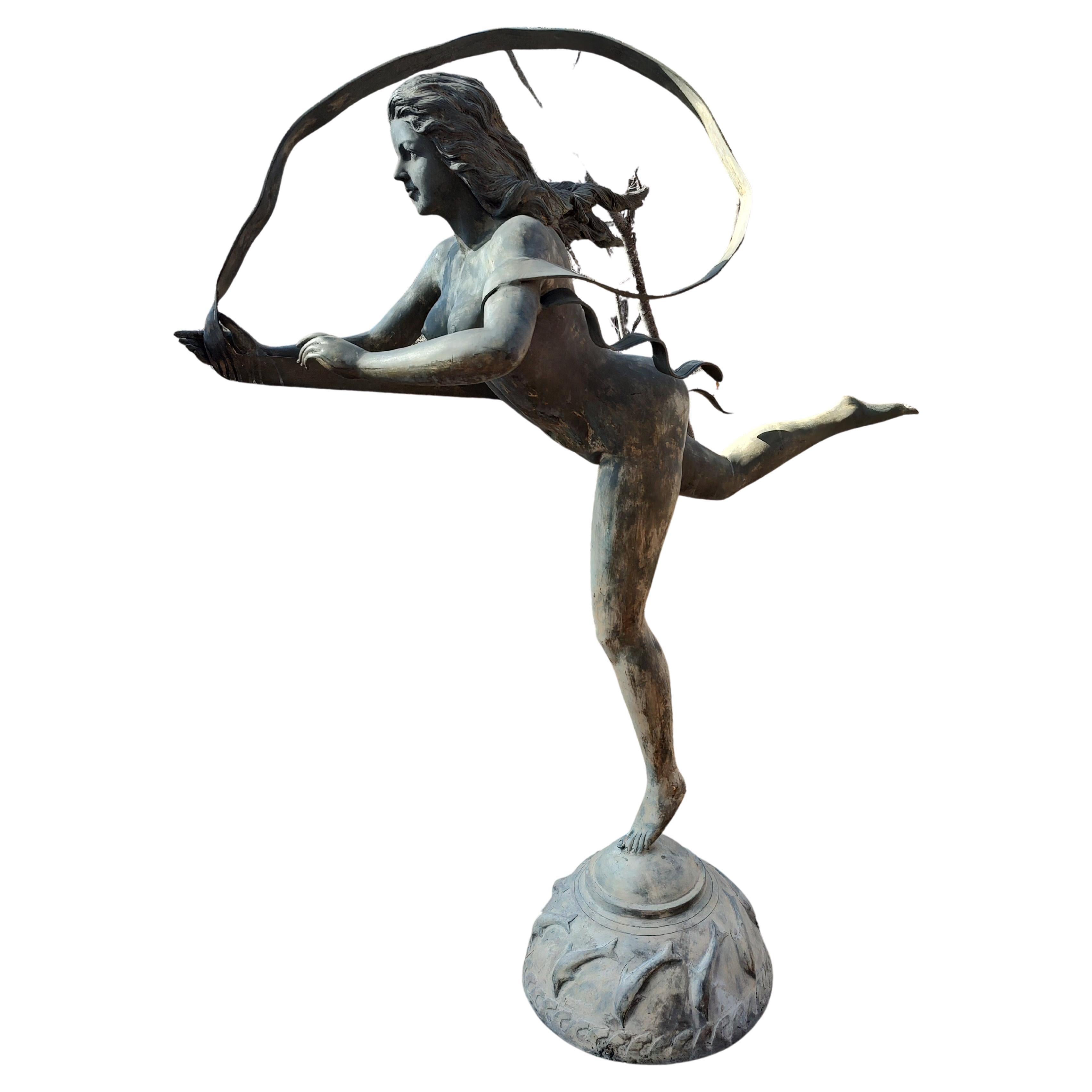 Mid Century Bronze Garden Statue of a Gliding Nude Woman Late 20th C