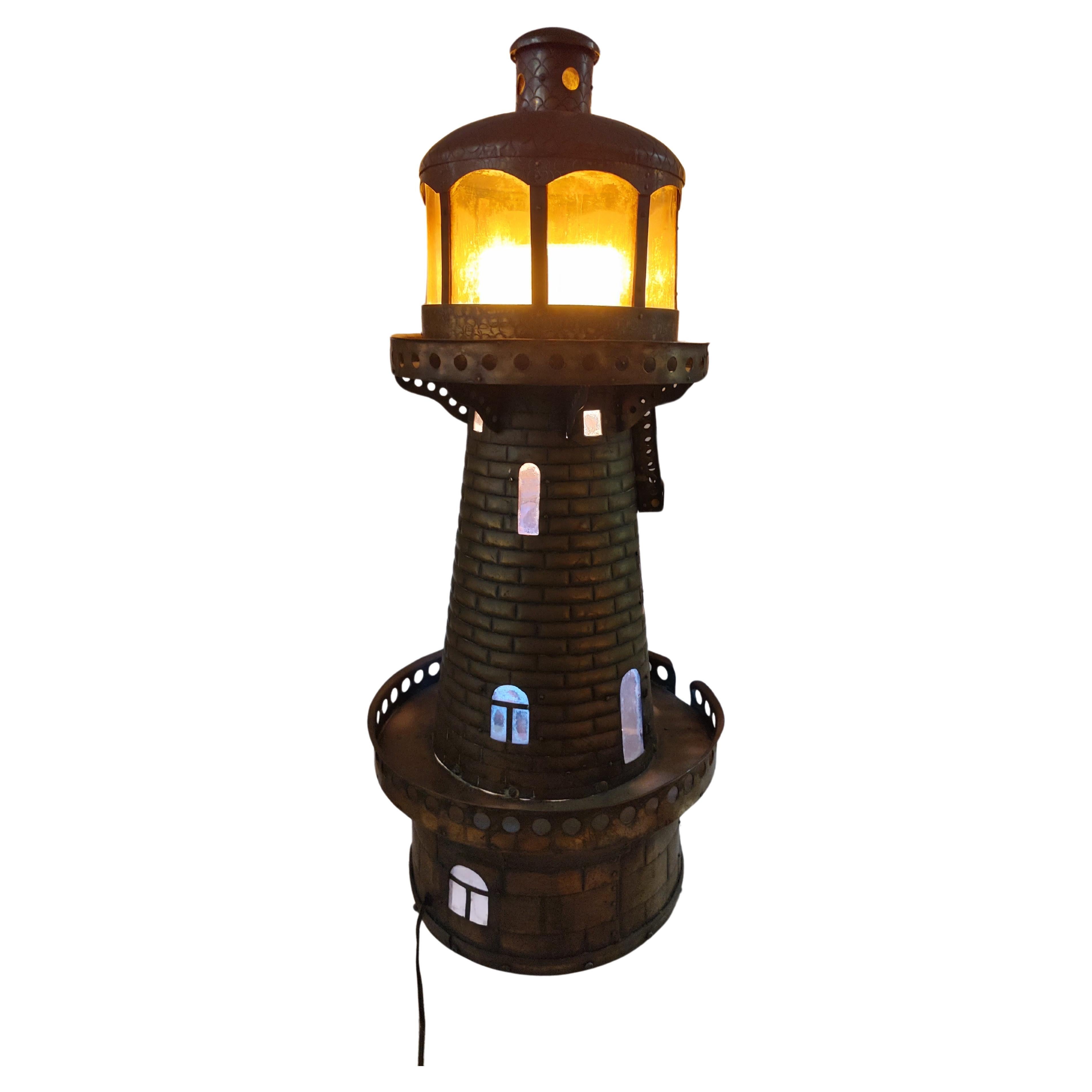 20th C, Hand Crafted Tall Copper Electrified Lighthouse Table Lamp For Sale