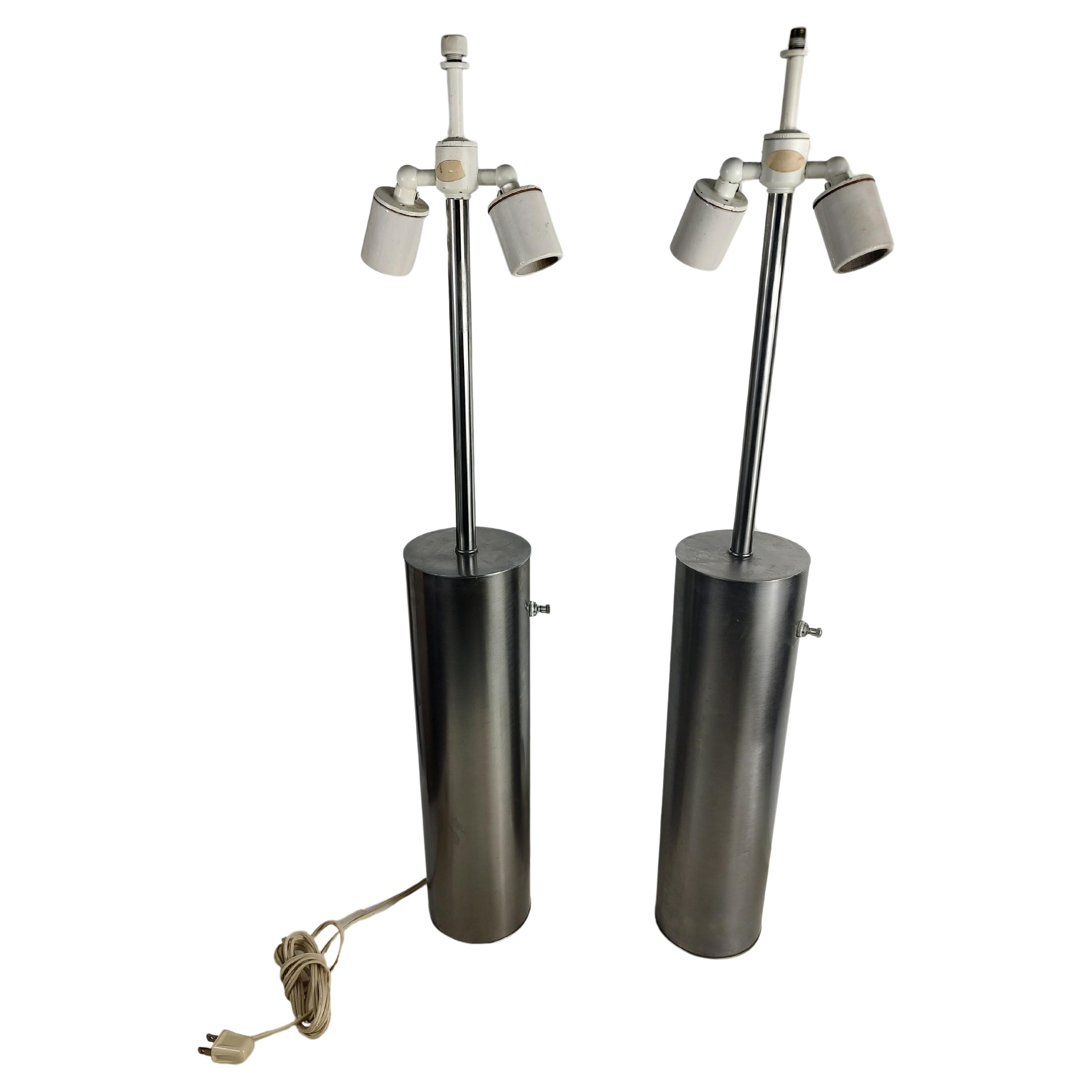 American Pair of Walter & Greta Von Neesen Stainless Cylindrical Table Lamps, circa 1965 For Sale