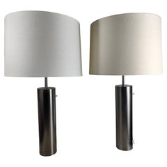 Used Pair of Walter & Greta Von Neesen Stainless Cylindrical Table Lamps, circa 1965