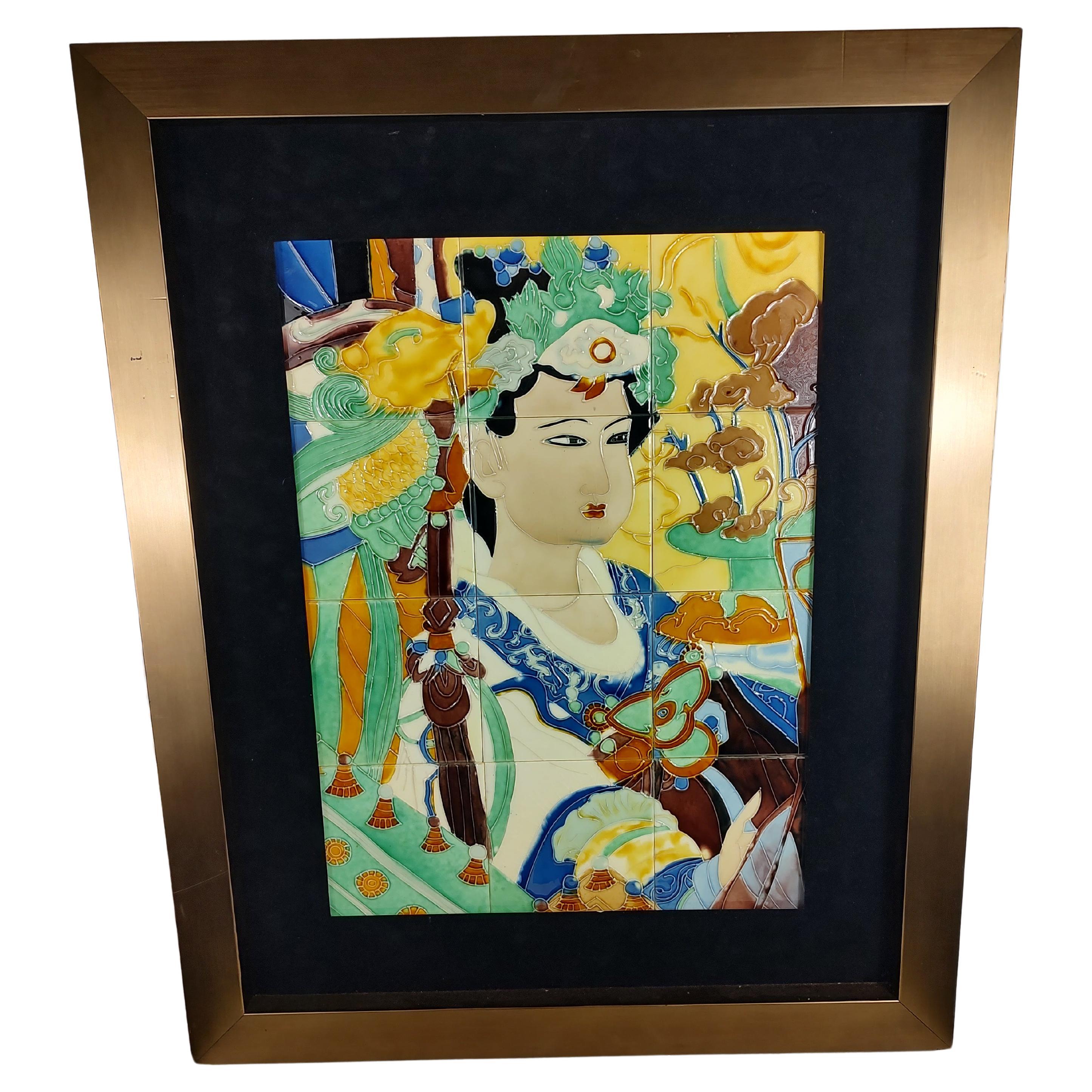 Mid-Century Modern Glazed Ceramic Tile Art of a Japanese Woman 12 Tiles