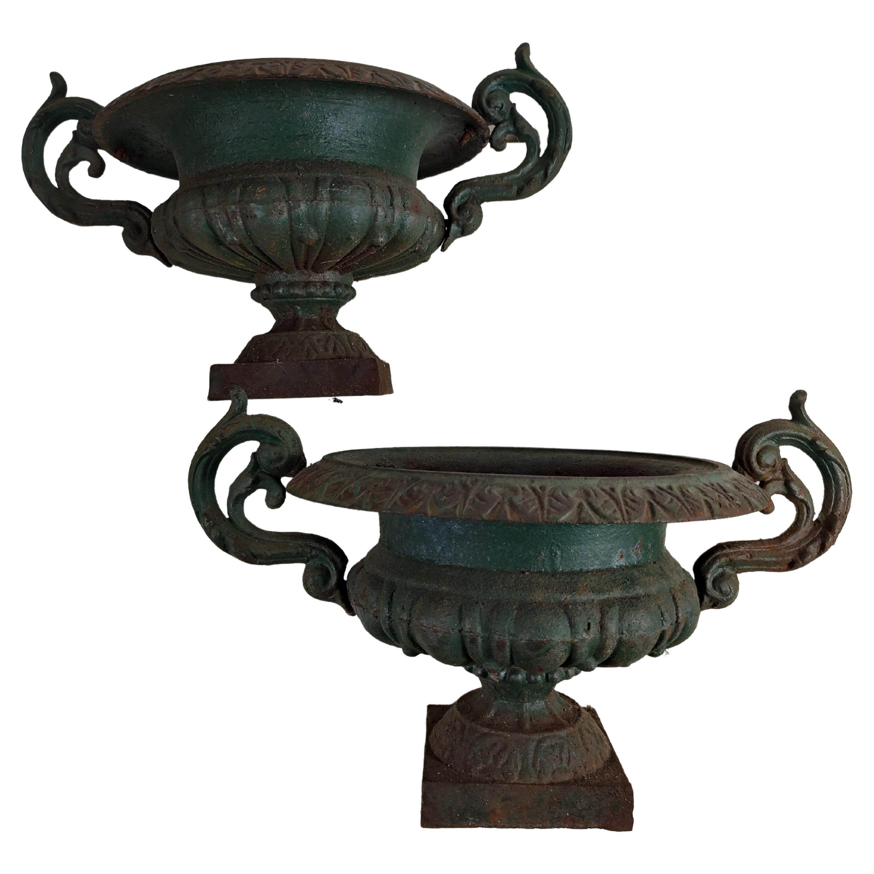 Pair of Victorian Cast Iron Garden Urns with Handles Indoor and Outdoor