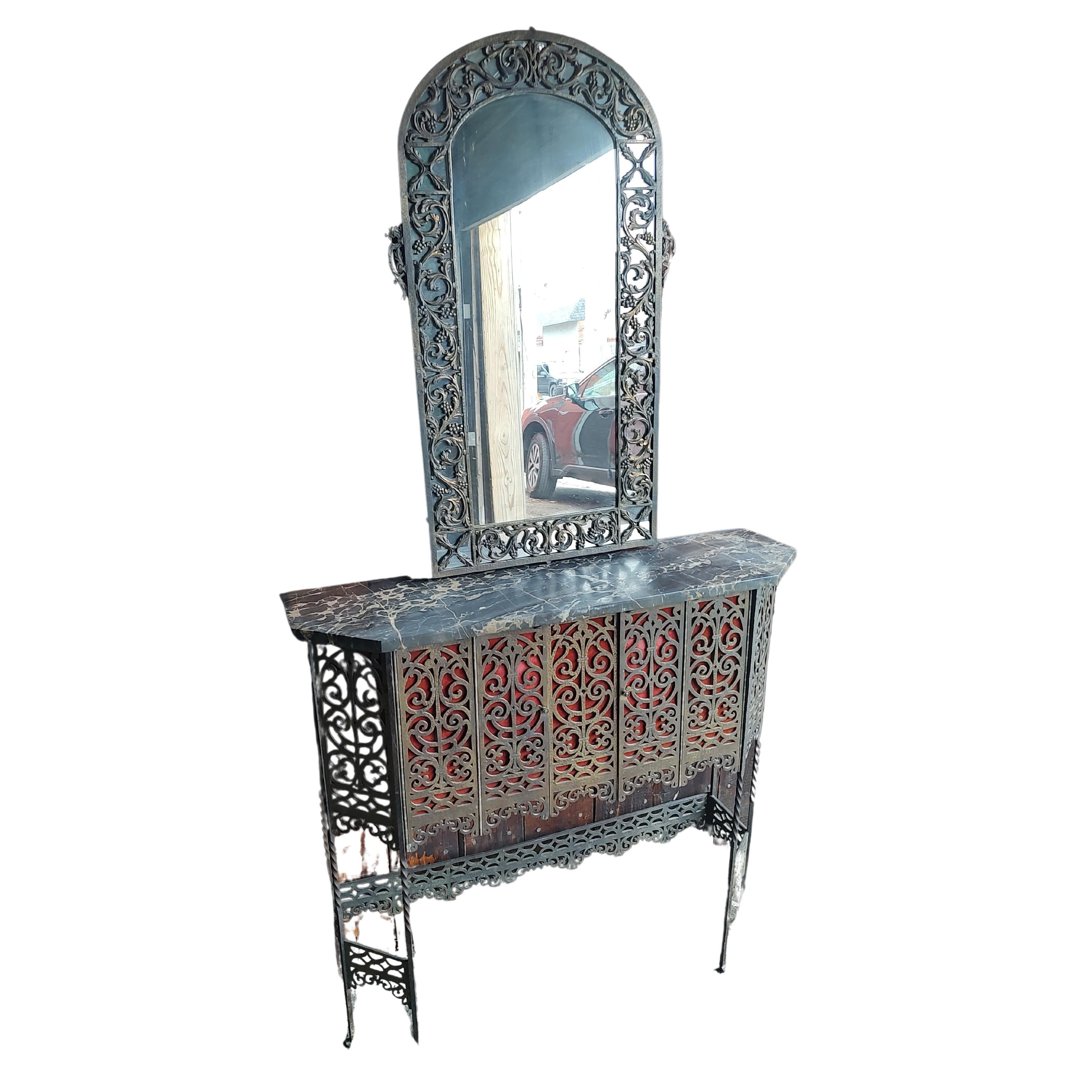 French Art Deco Bronze with Portero Marble and Wall Mirror Attributed to Oscar Bach For Sale
