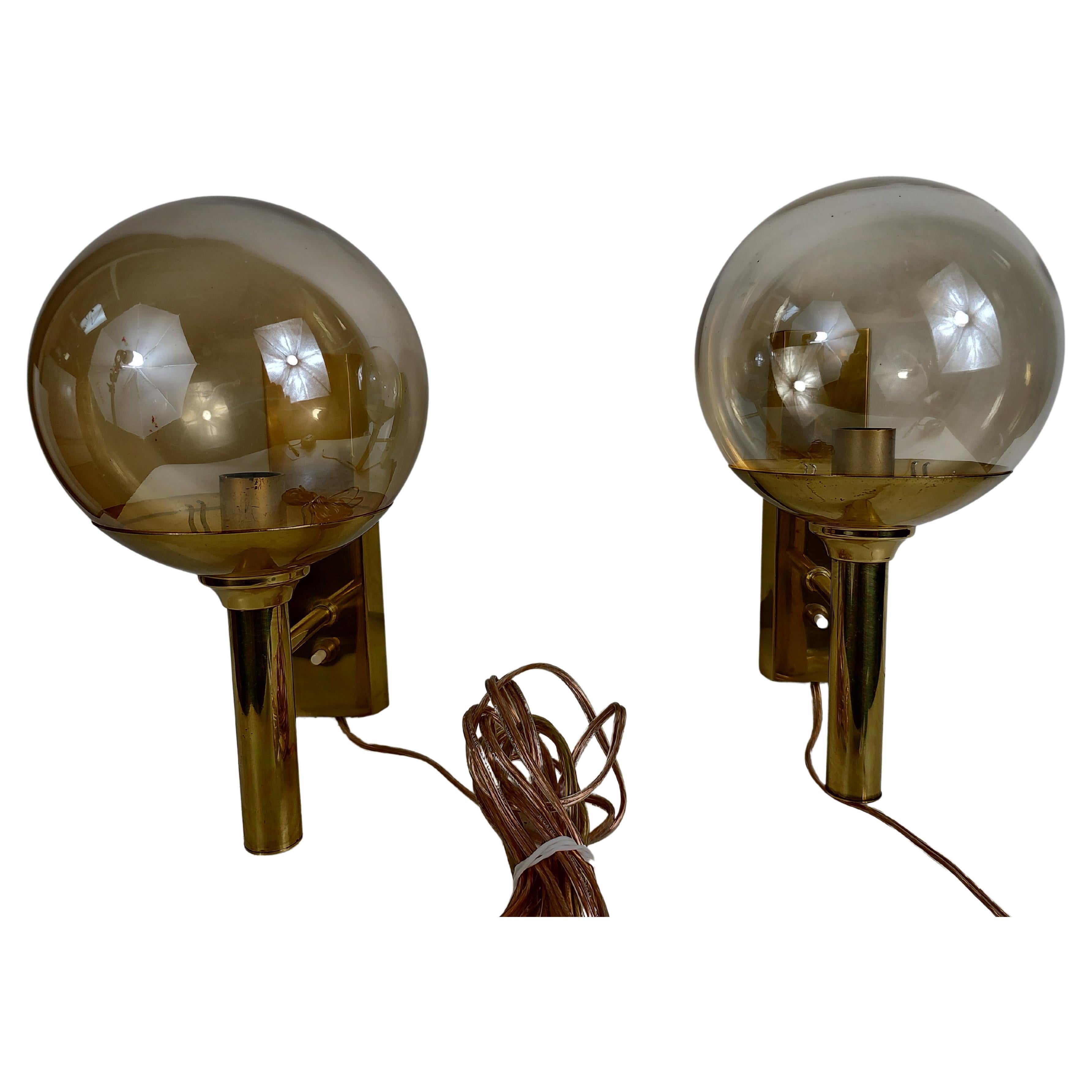 Norwegian Mid-Century Modern Wall Sconces Brass with Blown Glass Shades by Sv. Mejlstrom For Sale