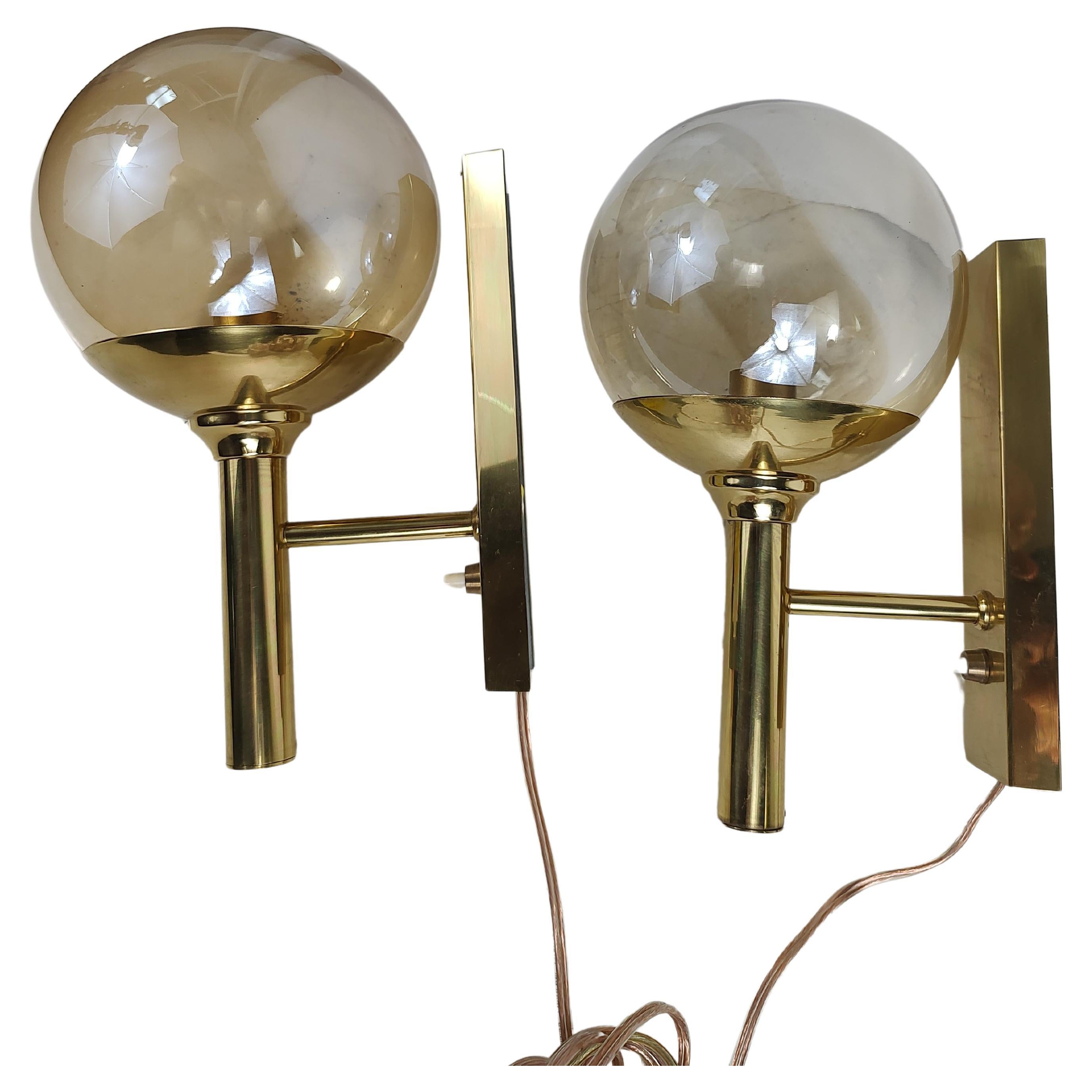 Mid-Century Modern Wall Sconces Brass with Blown Glass Shades by Sv. Mejlstrom For Sale