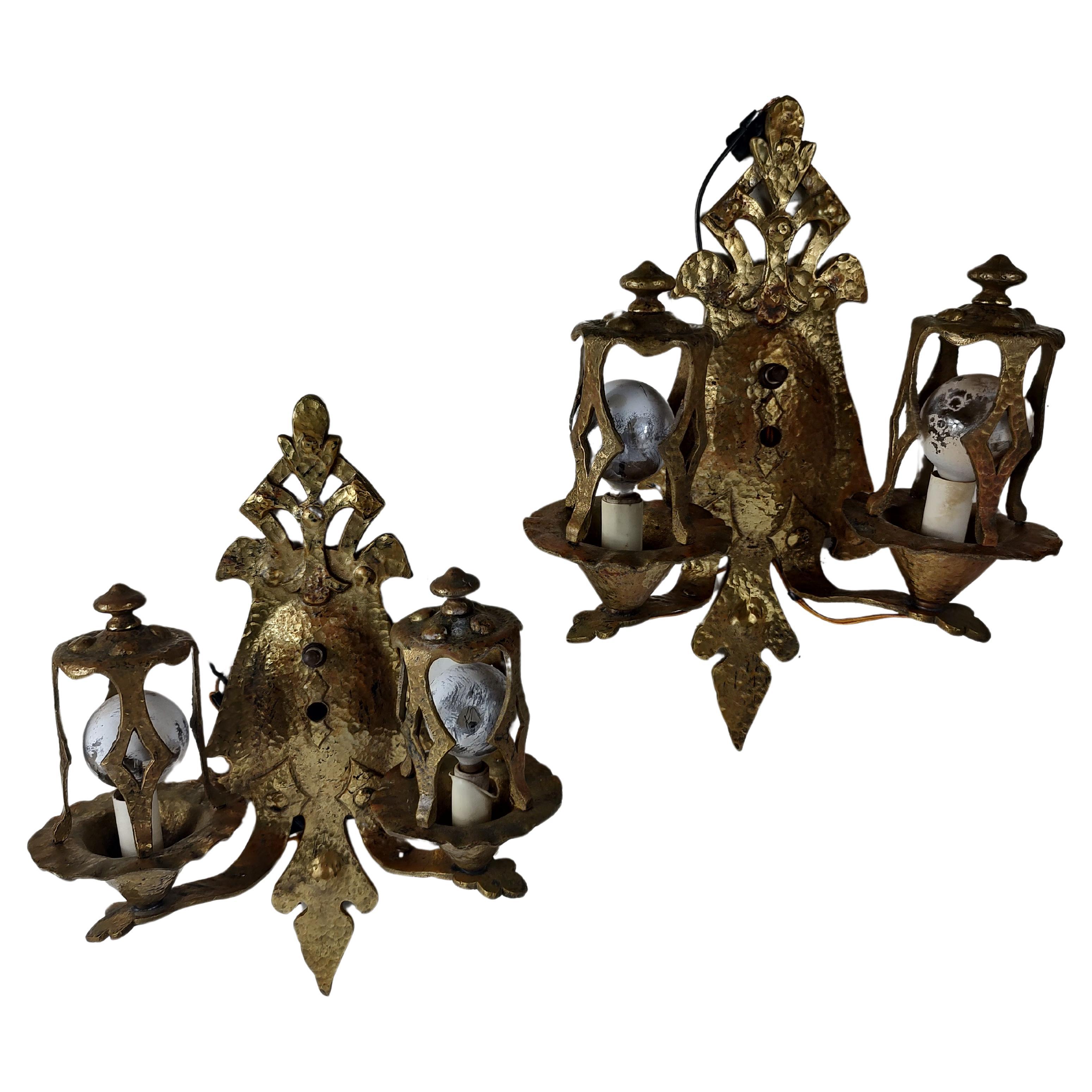 Early 20th Century Brass Arts & Crafts Hand-Hammered Wall Sconces 