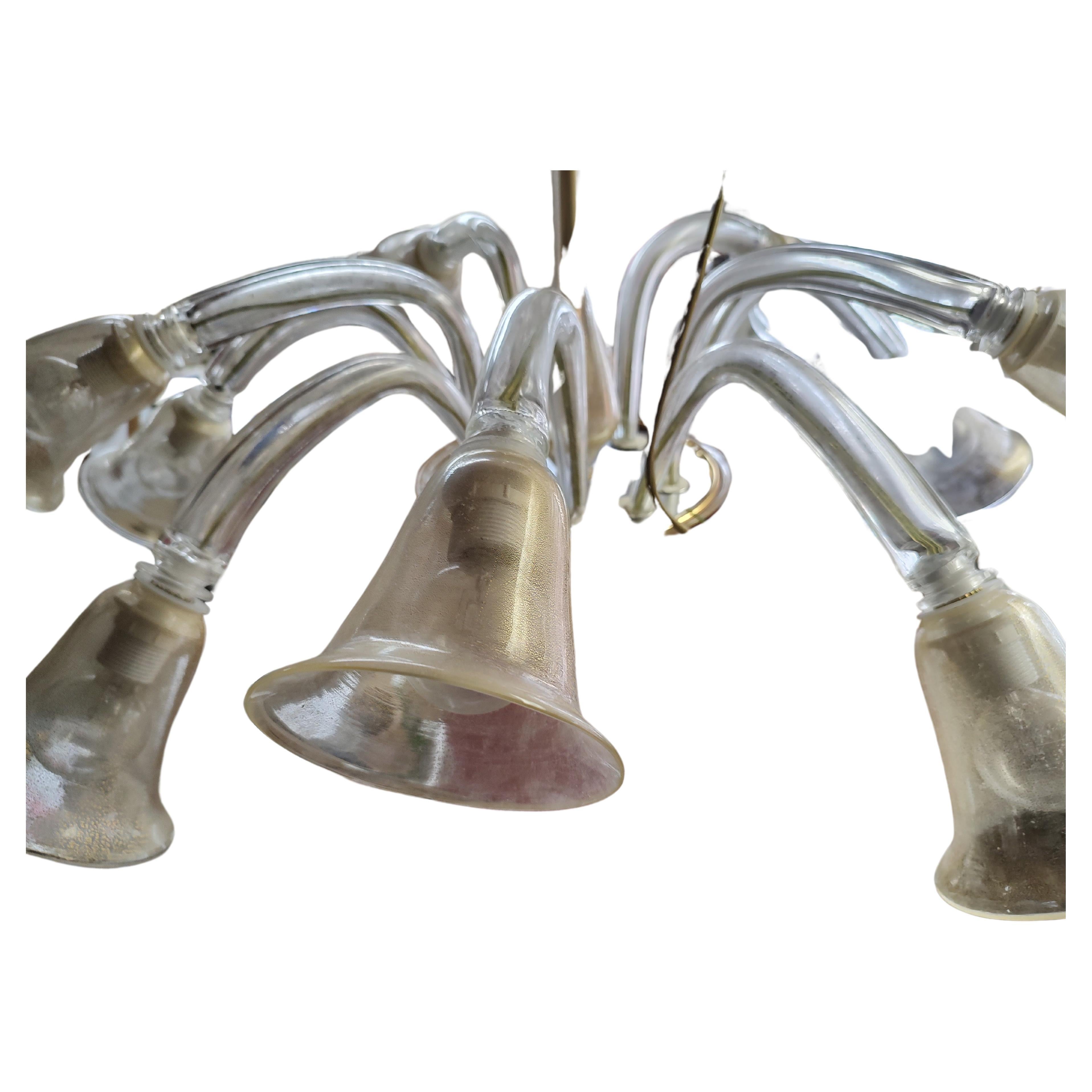 Hand-Crafted Mid-Century Modern Sculptural 10 Arm Venetian Chandelier in Clear & Gold Flecks For Sale