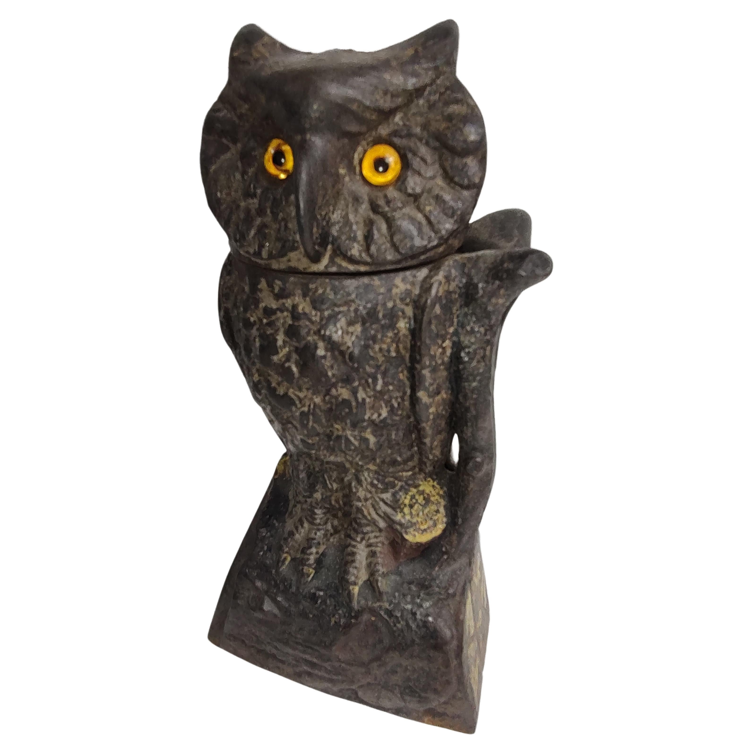 Late 19th Century Cast Iron Owl Bank with a Turning Head and Glass Eyes, 1880 For Sale