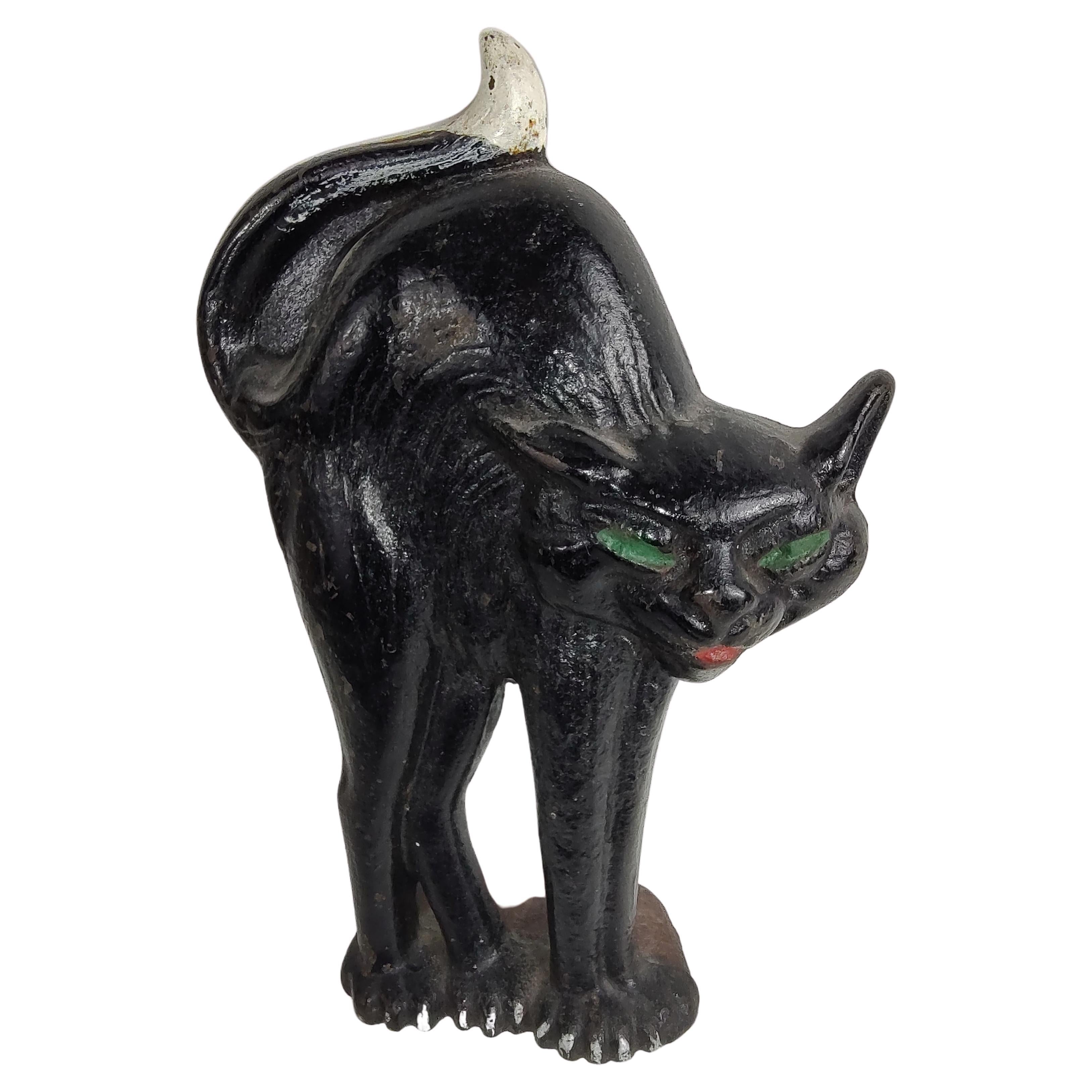 Midcentury Painted Black Cat Door Stop with Arched Back, circa 1940 For Sale