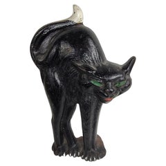 Midcentury Painted Black Cat Door Stop with Arched Back, circa 1940