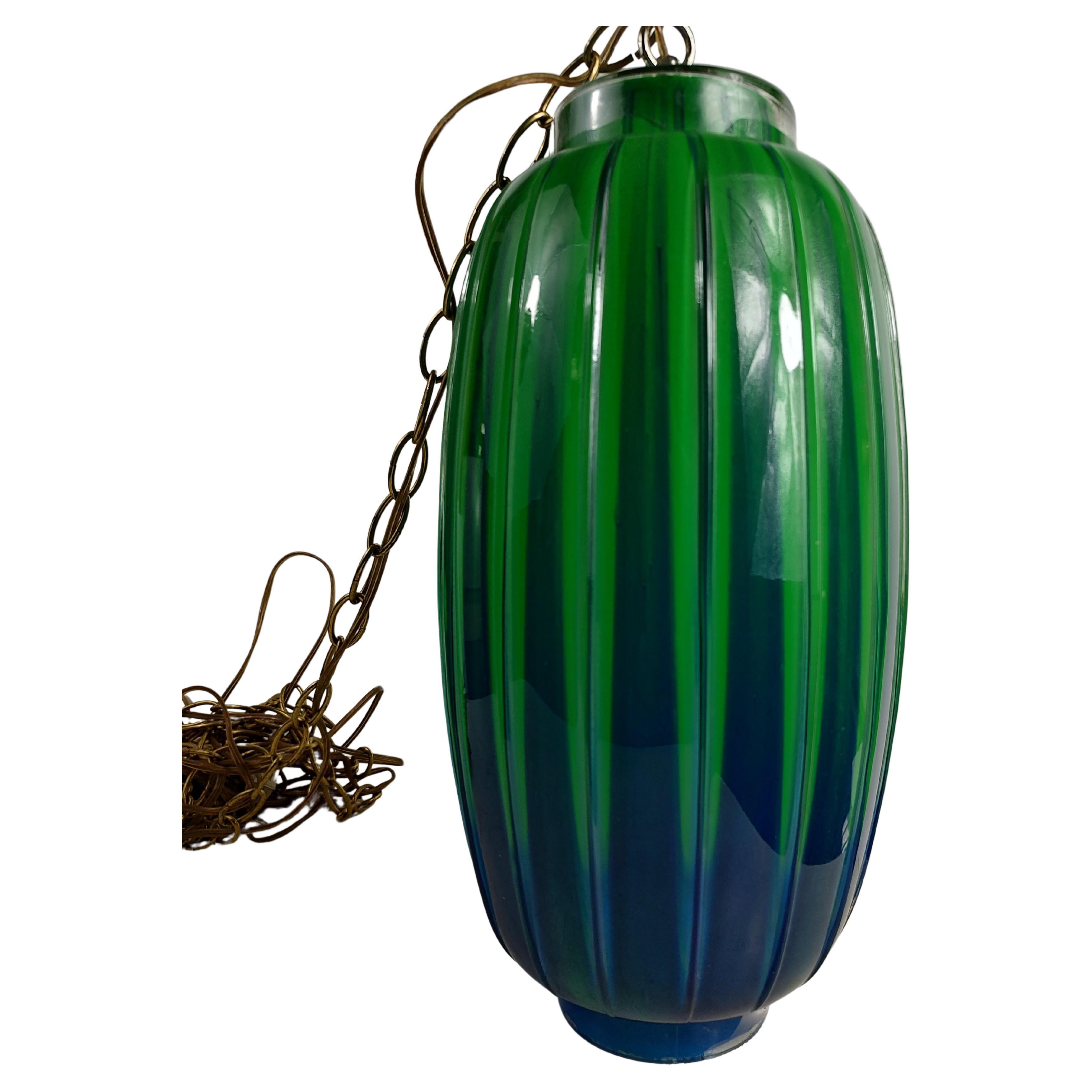 Mid-Century Modern Murano Ribbed Pendant Swag Shade Green to Blue For Sale