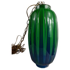 Vintage Mid-Century Modern Murano Ribbed Pendant Swag Shade Green to Blue