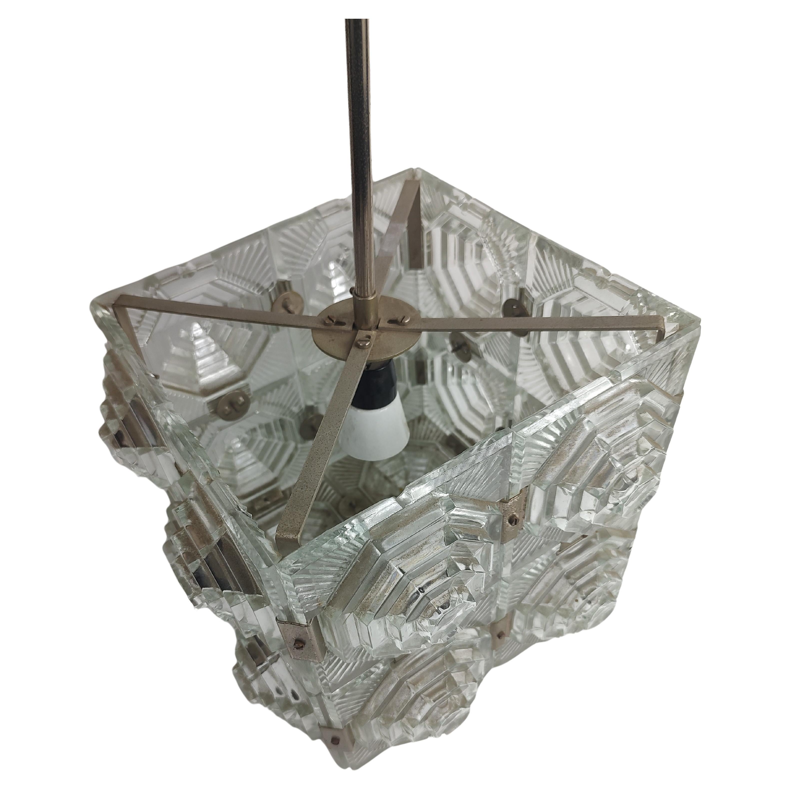 Hand-Crafted Midcentury French Art Deco Faceted Cubist Stylized Pendant Chandelier  For Sale
