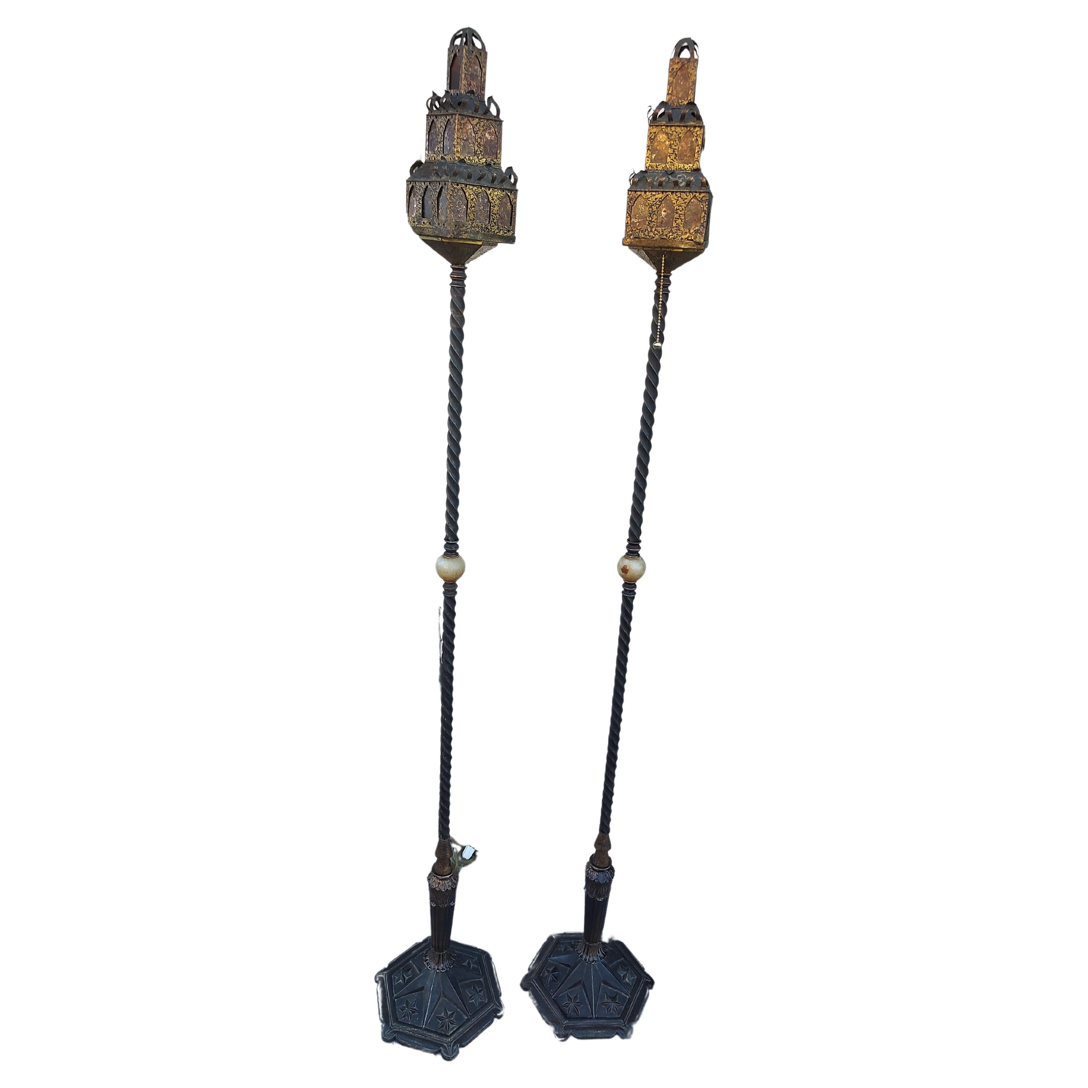 Pair of Art Deco Torch Floor Lamps Bronze with Mica & Iron