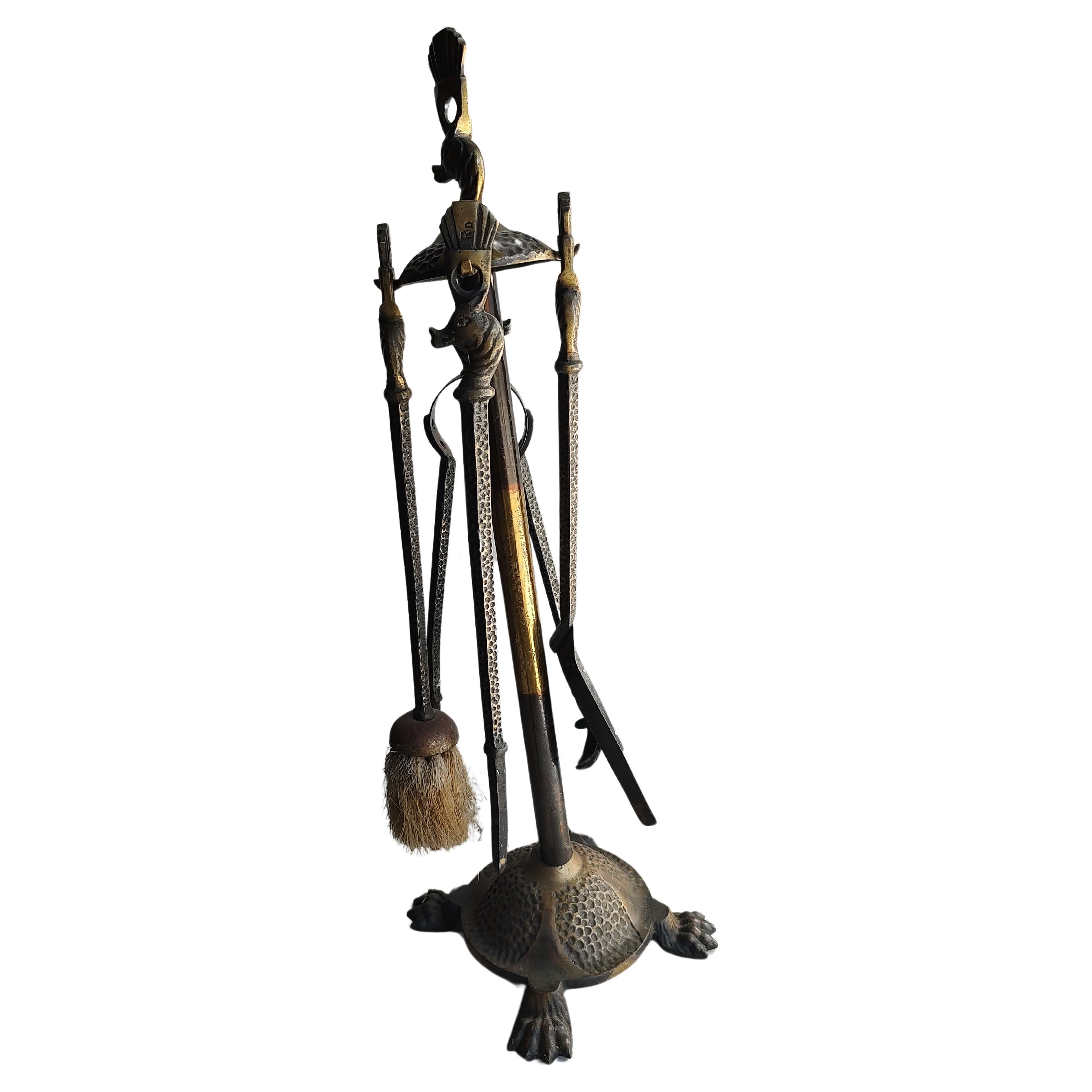 Arts & Crafts Hammered Figural Brass 5 Piece Set of Fireplace Tools For Sale