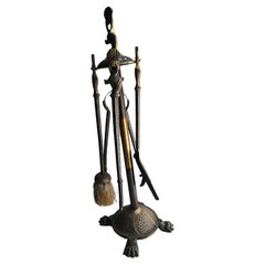 Arts & Crafts Hammered Figural Brass 5 Piece Set of Fireplace Tools