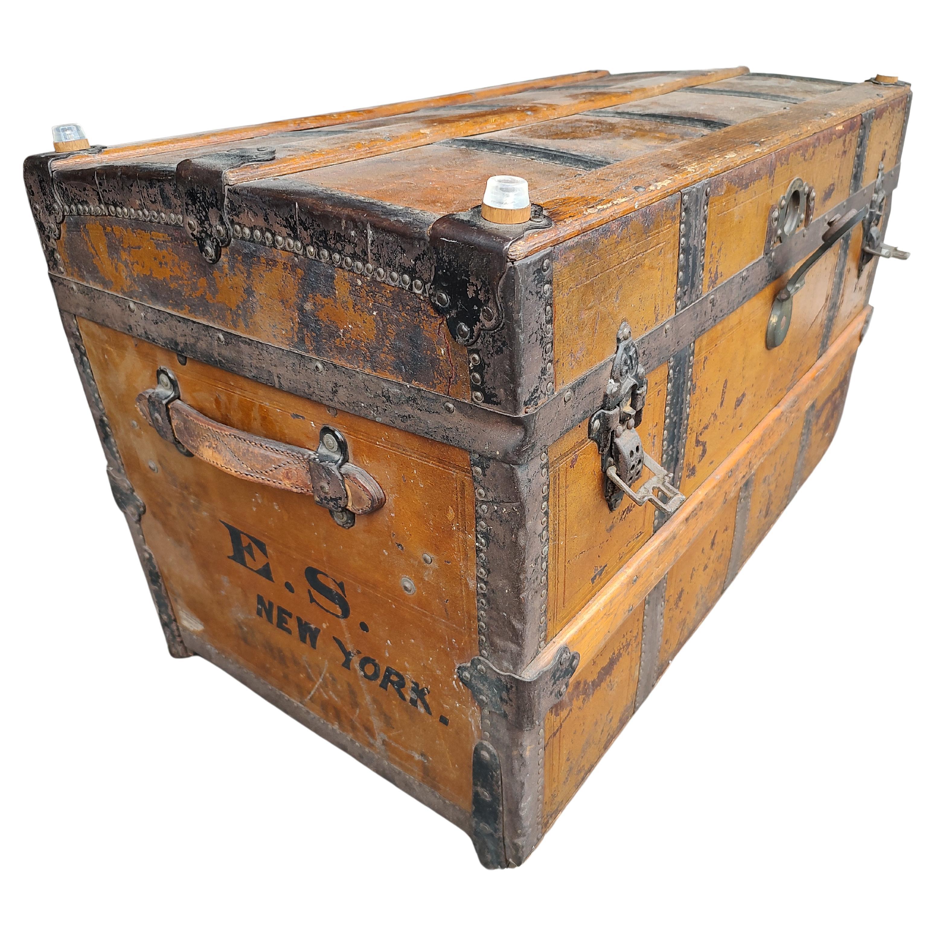 19thC Wooden Travel Trunk Storage & Cocktail Table Crouch & Fitzgerald New York For Sale
