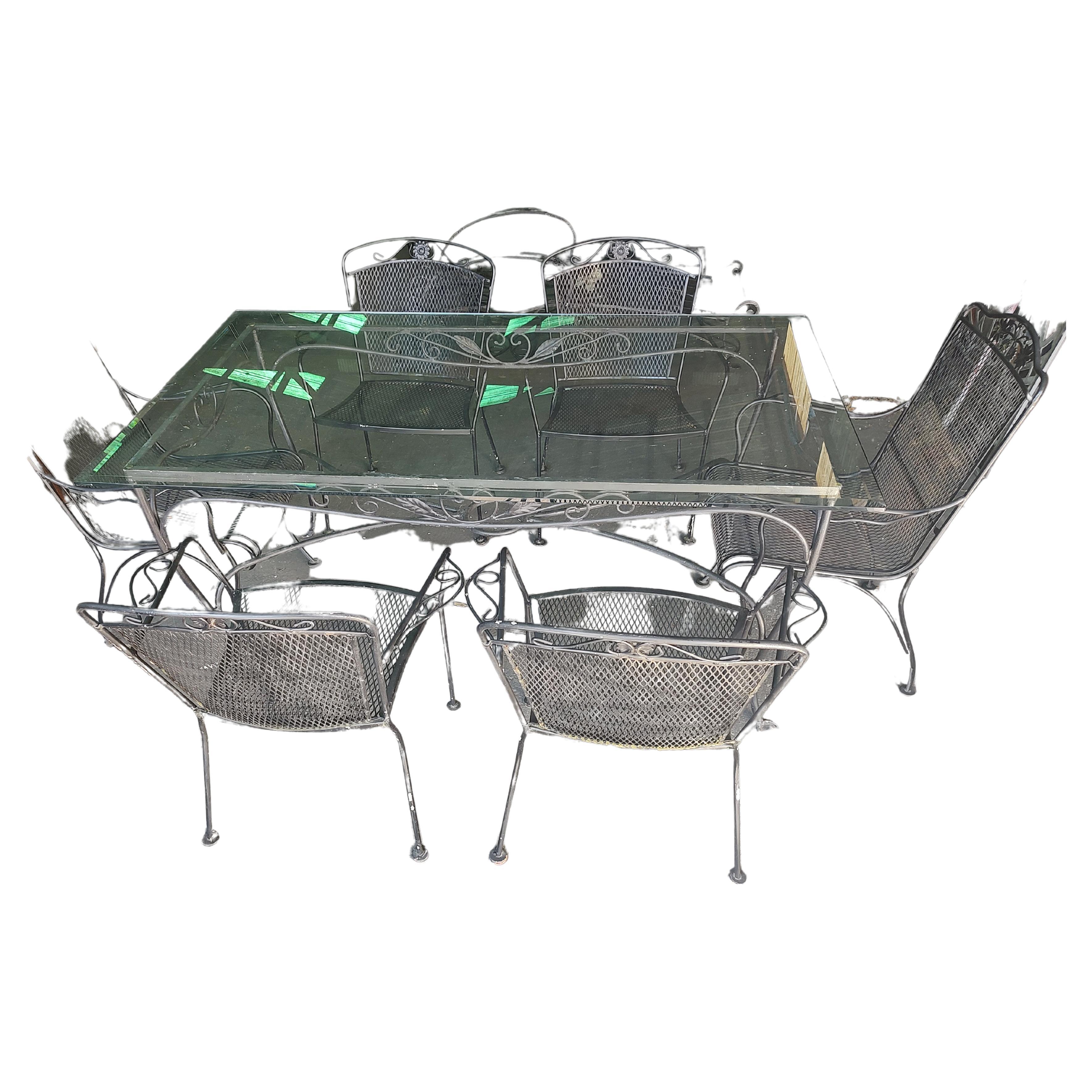 American Midcentury Outdoor Dining Iron 8 Piece Set John Salterini Large Glass Top Table For Sale