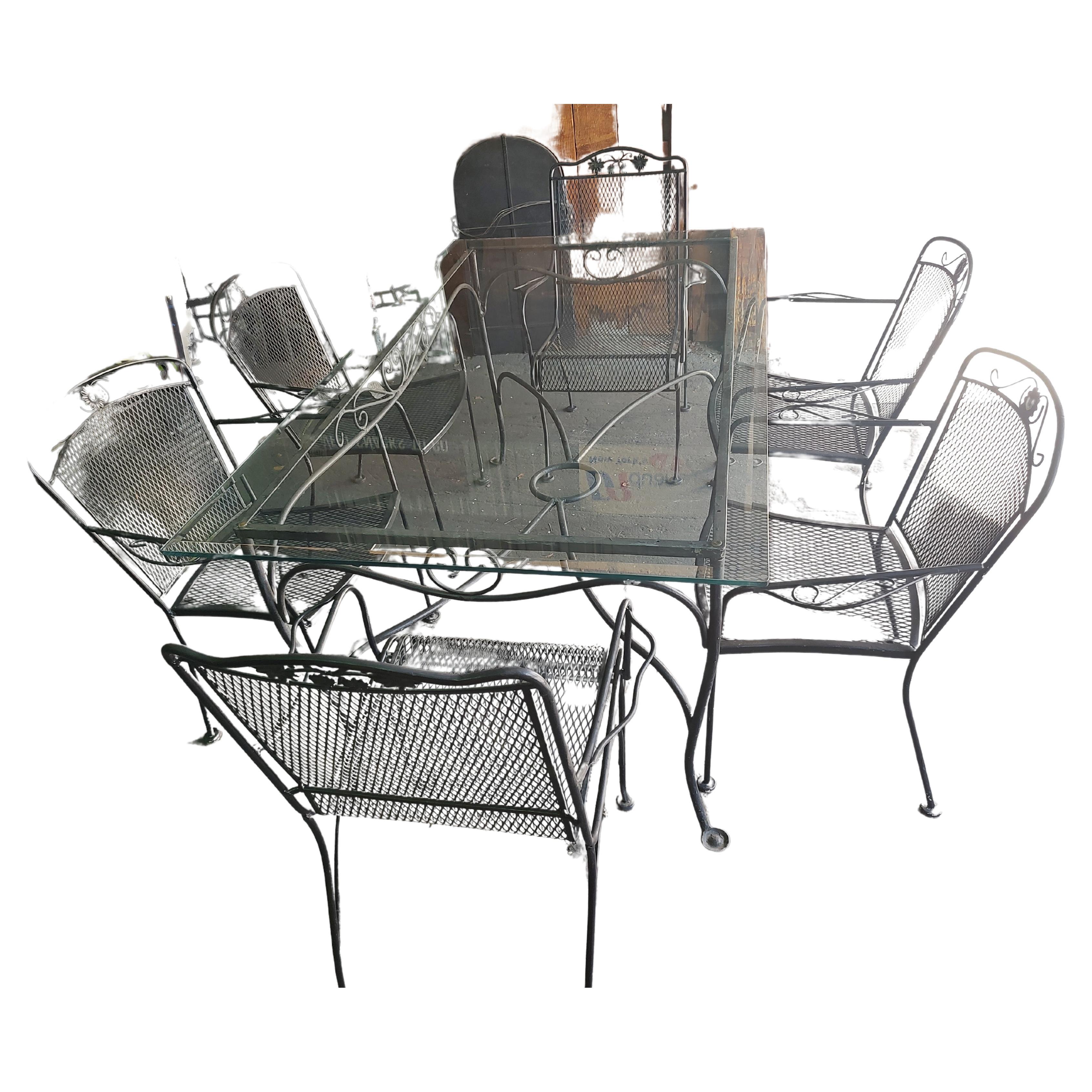 Midcentury Outdoor Dining Iron 8 Piece Set John Salterini Large Glass Top Table For Sale 4