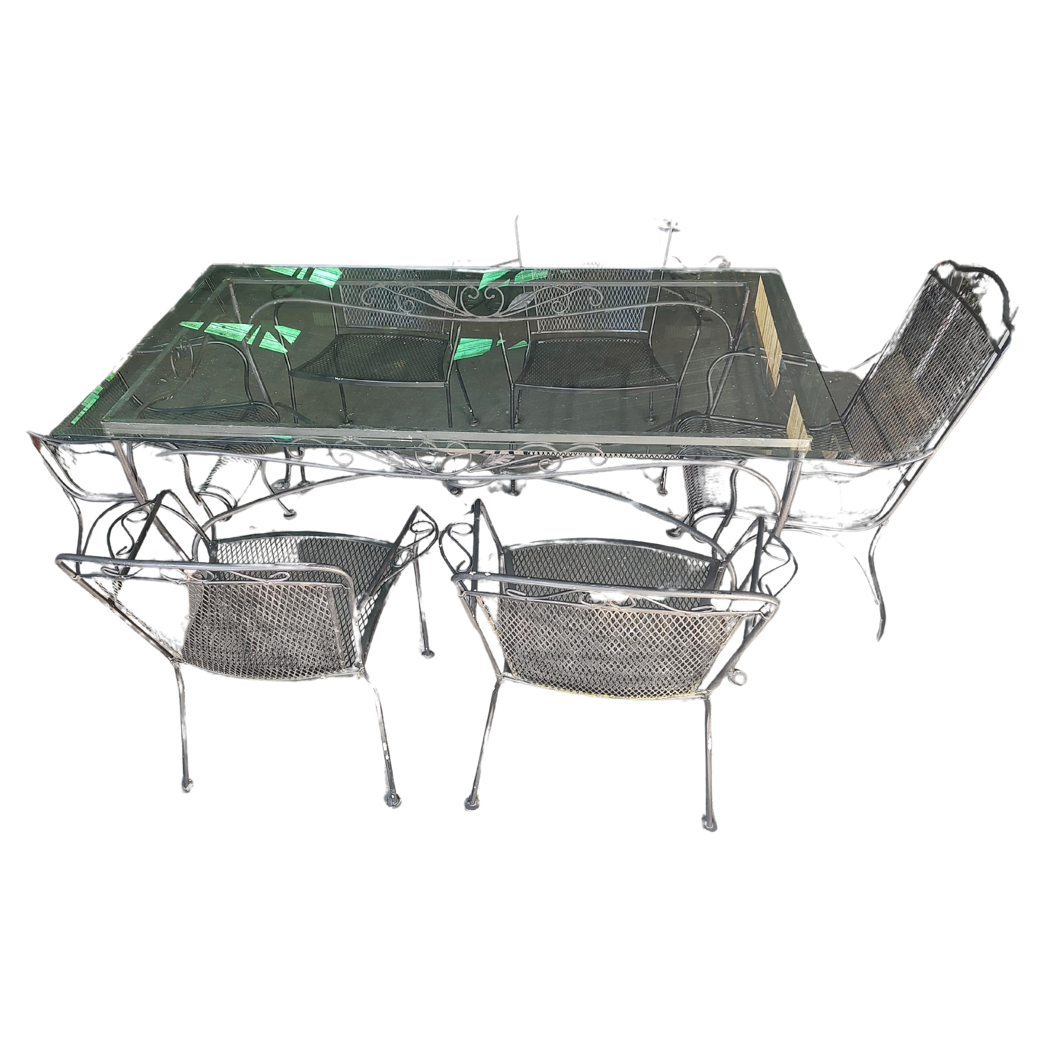 Midcentury Outdoor Dining Iron 8 Piece Set John Salterini Large Glass Top Table For Sale 6