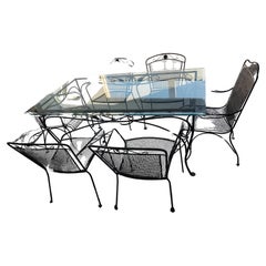 Salle à manger d'extérieur Mid Century Ensemble 8 pièces en fer John Salterini Grande table à plateau en verre